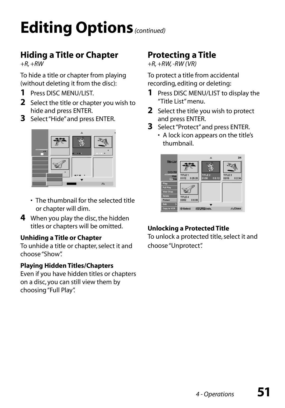 GoVideo VR3845 Hiding a Title or Chapter, Protecting a Title, Unhiding a Title or Chapter, Playing Hidden Titles/Chapters 