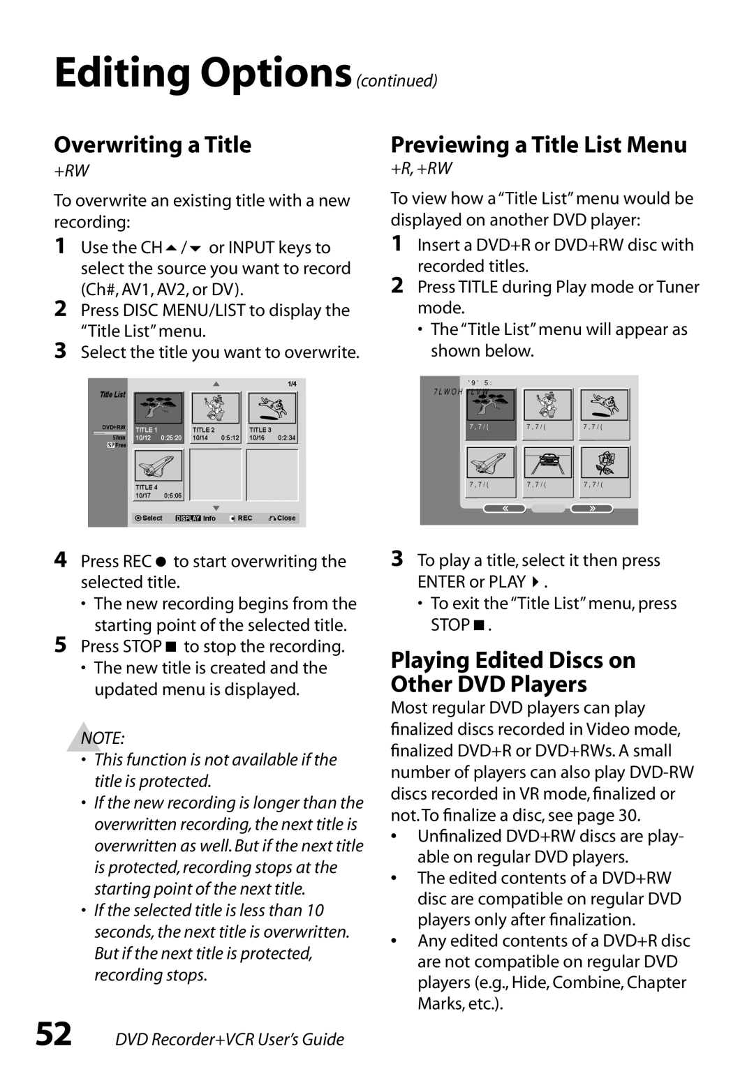 GoVideo VR3845 manual Overwriting a Title, Previewing a Title List Menu, Playing Edited Discs on Other DVD Players 