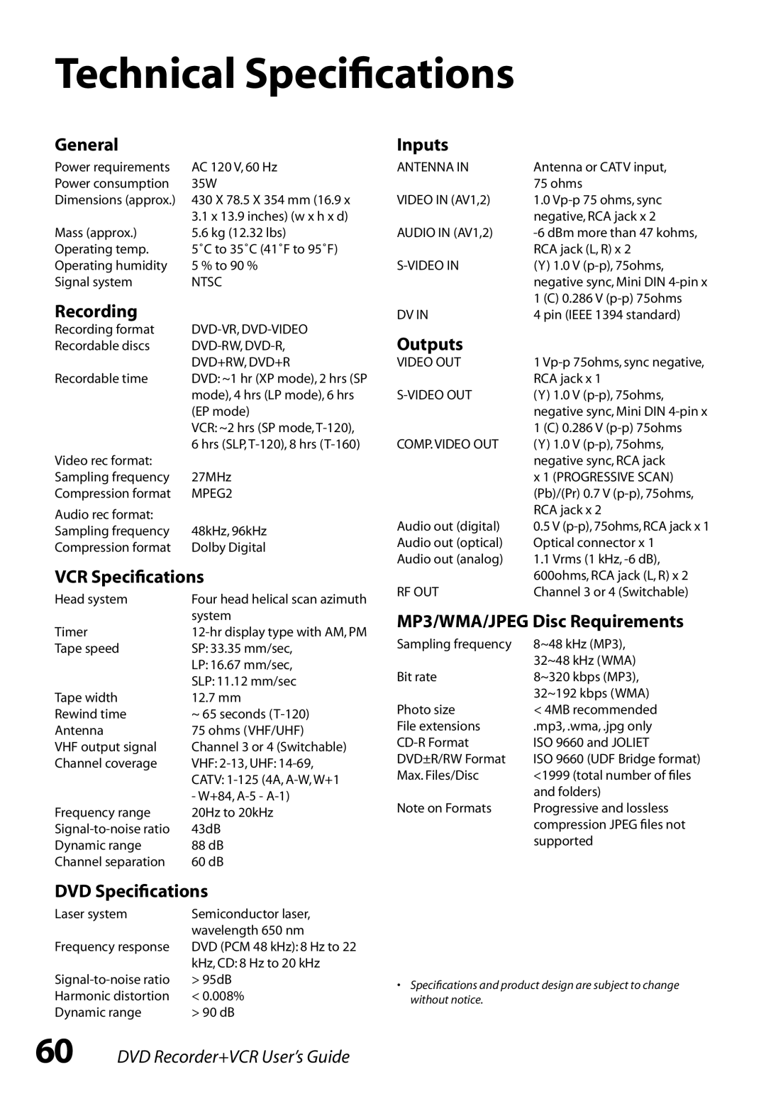 GoVideo VR3845 manual Technical Speciﬁcations 