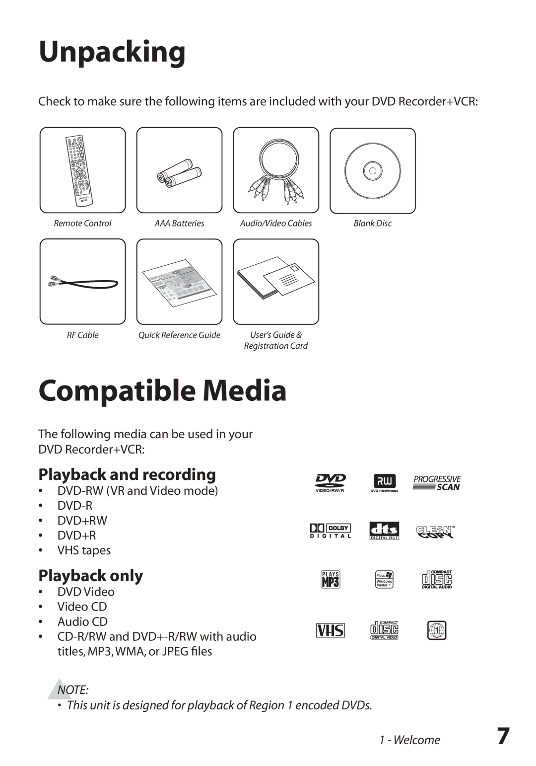 GoVideo VR3845 manual Unpacking, Compatible Media, Playback and recording, Playback only 