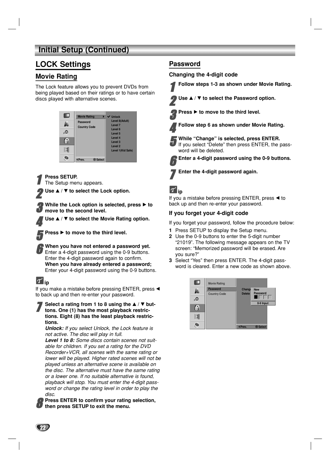 GoVideo VR3930 user manual Initial Setup Lock Settings, Movie Rating, Password, Changing the 4-digit code 