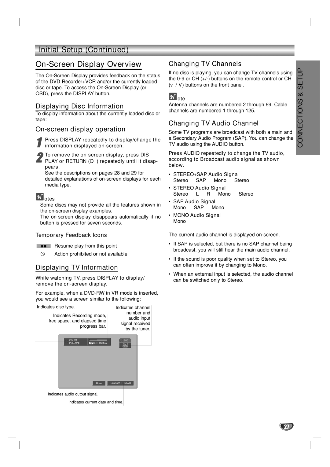 GoVideo VR3930 user manual Initial Setup On-Screen Display Overview 