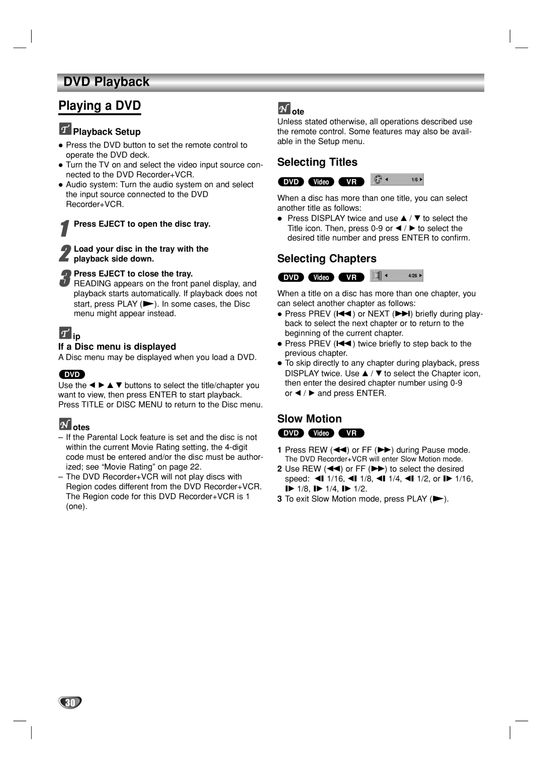 GoVideo VR3930 user manual DVD Playback Playing a DVD, Selecting Titles, Selecting Chapters, Slow Motion 