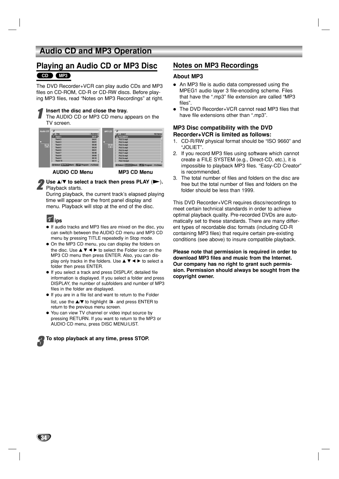 GoVideo VR3930 Audio CD and MP3 Operation Playing an Audio CD or MP3 Disc, About MP3, Audio CD Menu, MP3 CD Menu 