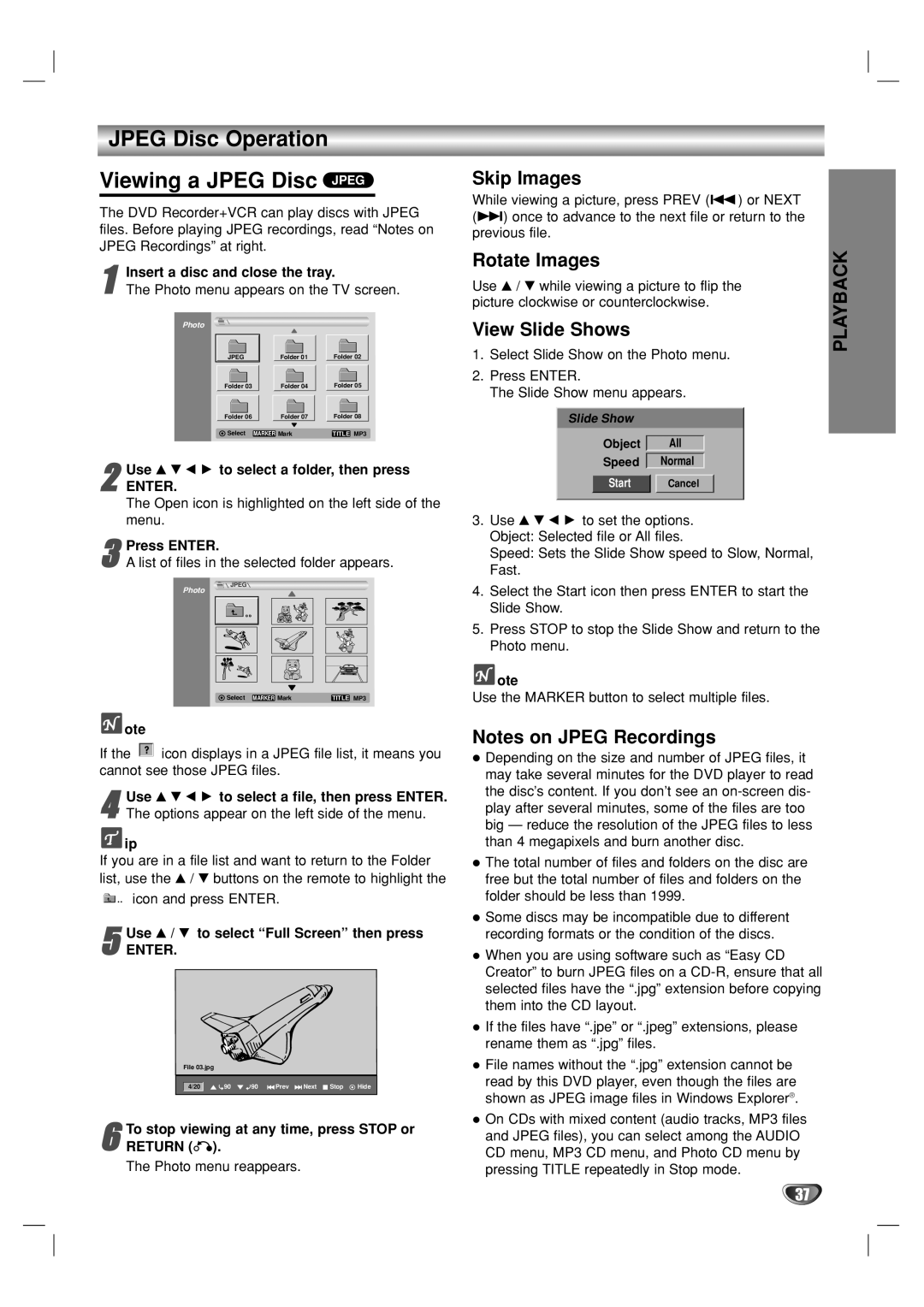 GoVideo VR3930 user manual Jpeg Disc Operation Viewing a Jpeg Disc Jpeg, Skip Images, Rotate Images, View Slide Shows 