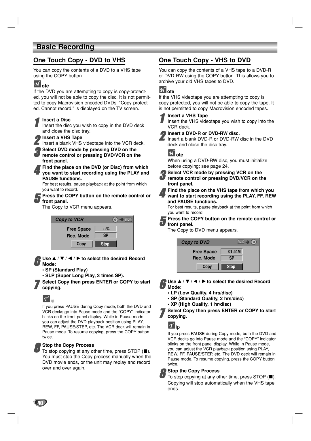 GoVideo VR3930 user manual Basic Recording, One Touch Copy DVD to VHS, One Touch Copy VHS to DVD 