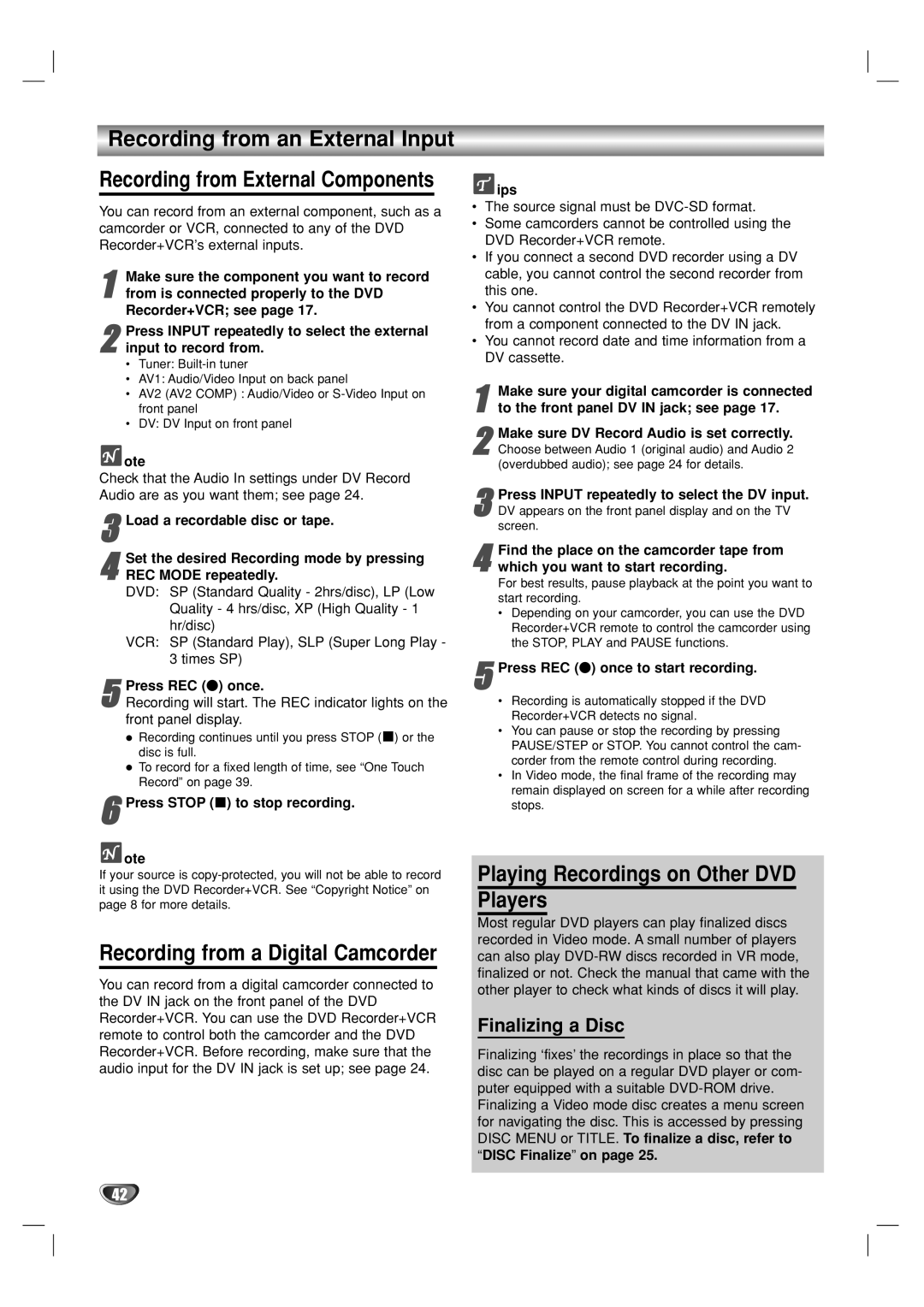 GoVideo VR3930 user manual Recording from an External Input, Playing Recordings on Other DVD Players, Finalizing a Disc 