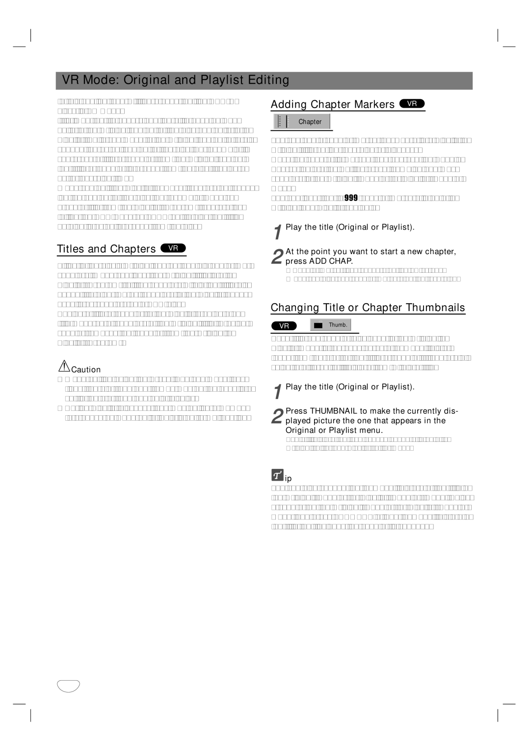 GoVideo VR3930 user manual VR Mode Original and Playlist Editing, Titles and Chapters VR, Adding Chapter Markers VR 