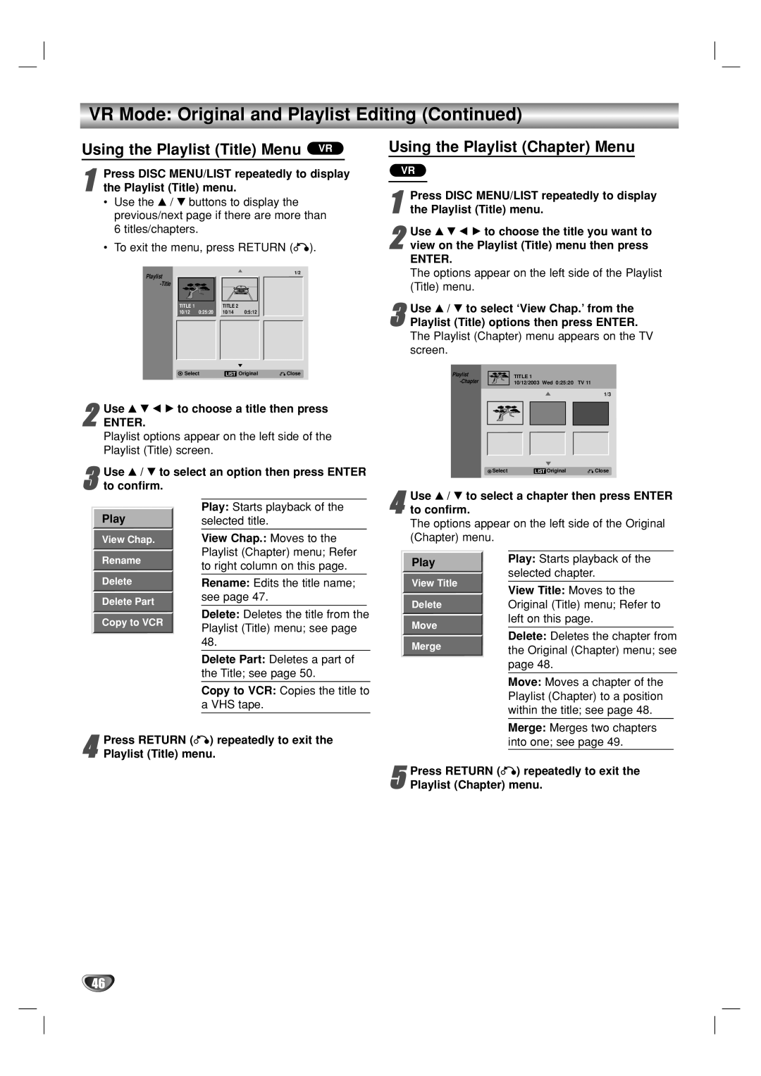 GoVideo VR3930 user manual Using the Playlist Title Menu, Using the Playlist Chapter Menu 