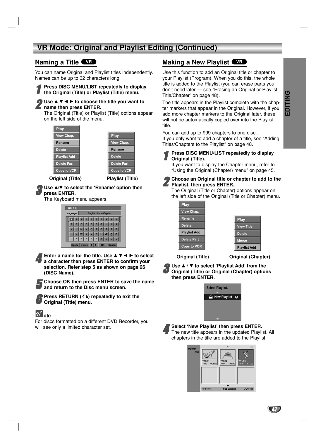 GoVideo VR3930 user manual Naming a Title VR, Making a New Playlist VR 