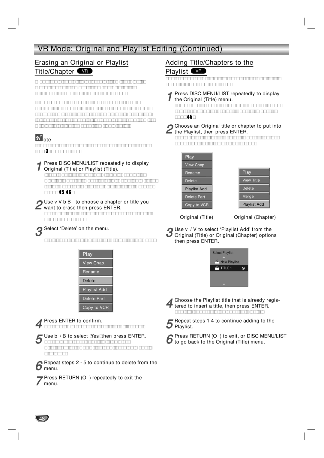 GoVideo VR3930 user manual Erasing an Original or Playlist Title/Chapter VR, Adding Title/Chapters to Playlist VR 