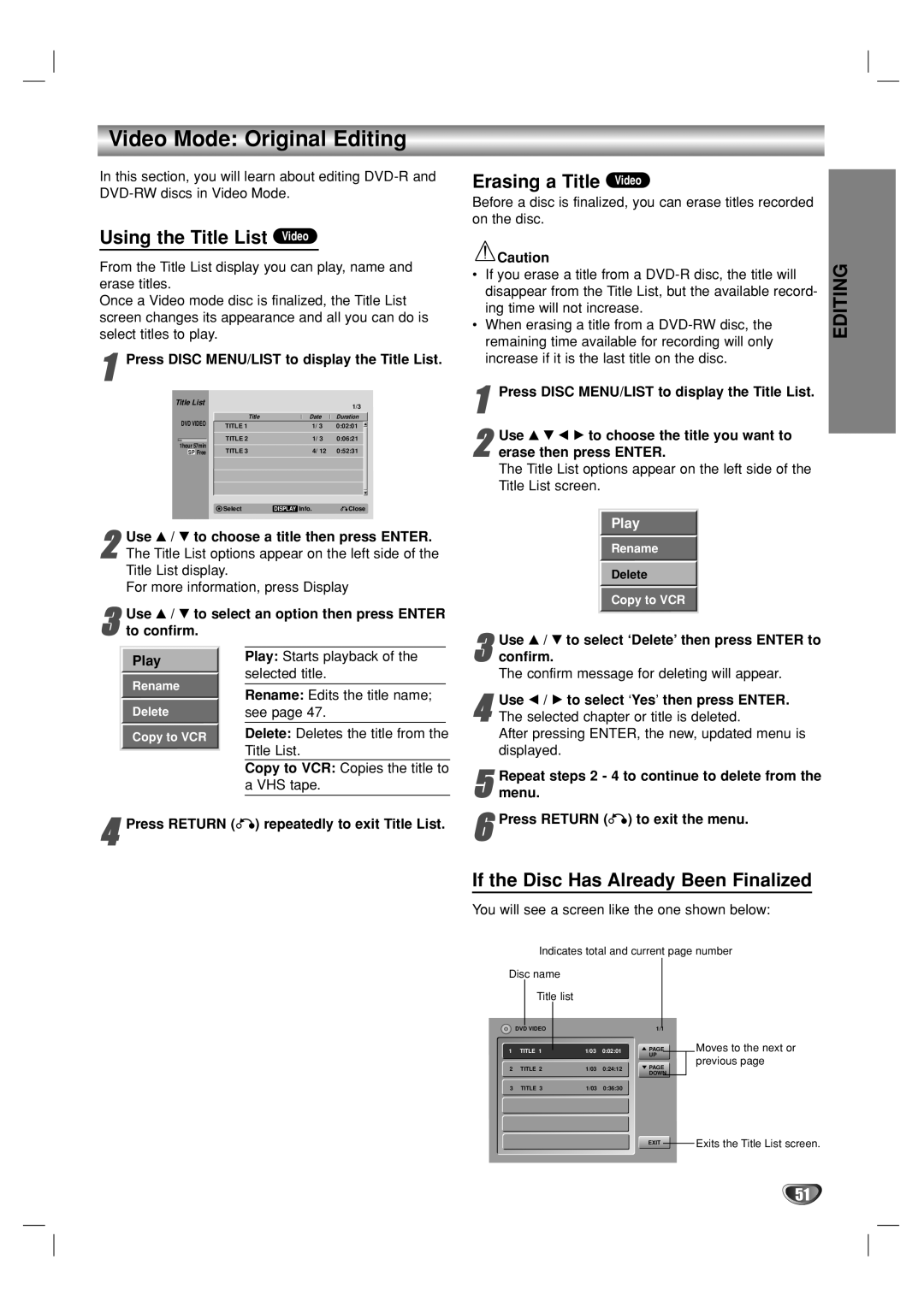 GoVideo VR3930 user manual Video Mode Original Editing, Using the Title List Video, Erasing a Title Video 