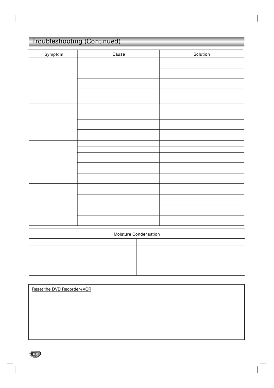 GoVideo VR3930 user manual Moisture Condensation, Reset the DVD Recorder+VCR, If you observe any of the following symptoms 