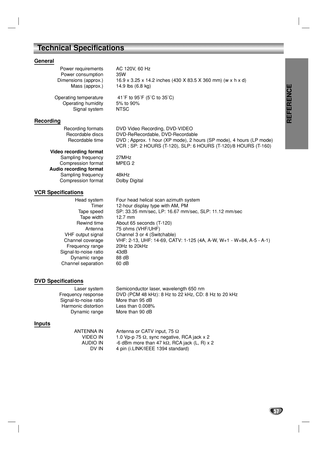 GoVideo VR3930 user manual Technical Specifications 