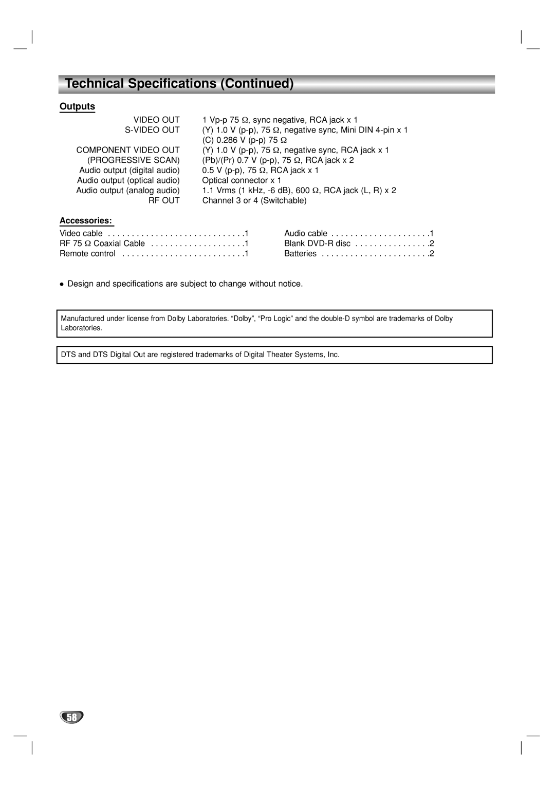 GoVideo VR3930 user manual Outputs, Accessories 