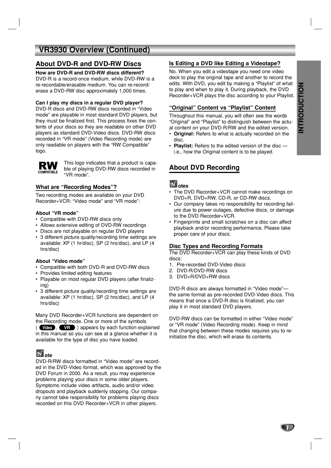 GoVideo VR3930 user manual About DVD-R and DVD-RW Discs, About DVD Recording 