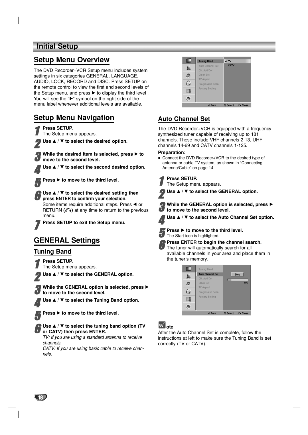 GoVideo VR5940 Initial Setup Setup Menu Overview, Setup Menu Navigation, General Settings, Tuning Band, Auto Channel Set 