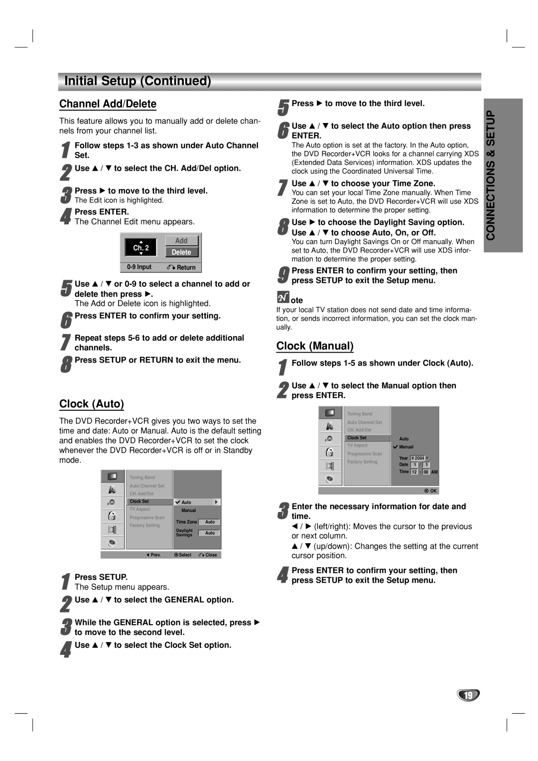 GoVideo VR5940 manual Initial Setup, Channel Add/Delete, Clock Auto, Clock Manual 