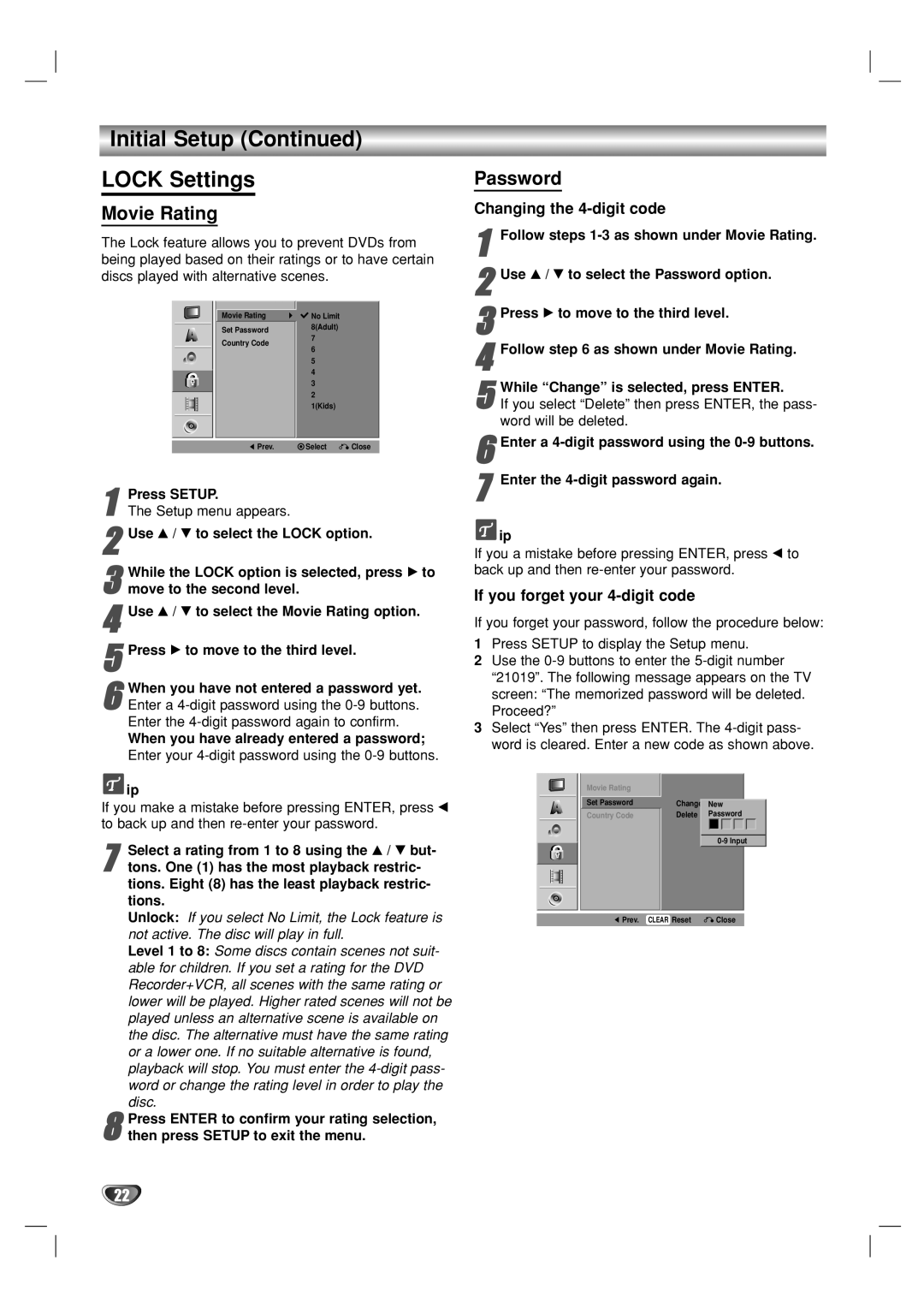 GoVideo VR5940 manual Initial Setup Lock Settings, Movie Rating, Password, Changing the 4-digit code 