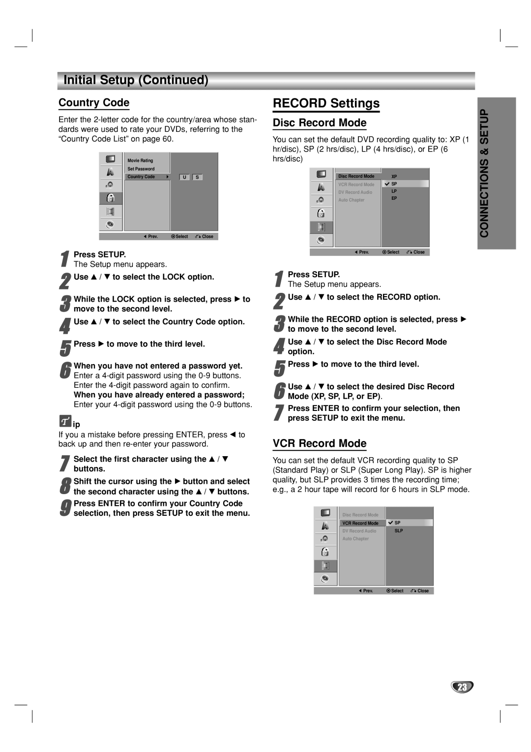 GoVideo VR5940 manual Record Settings, Country Code, Disc Record Mode, VCR Record Mode 