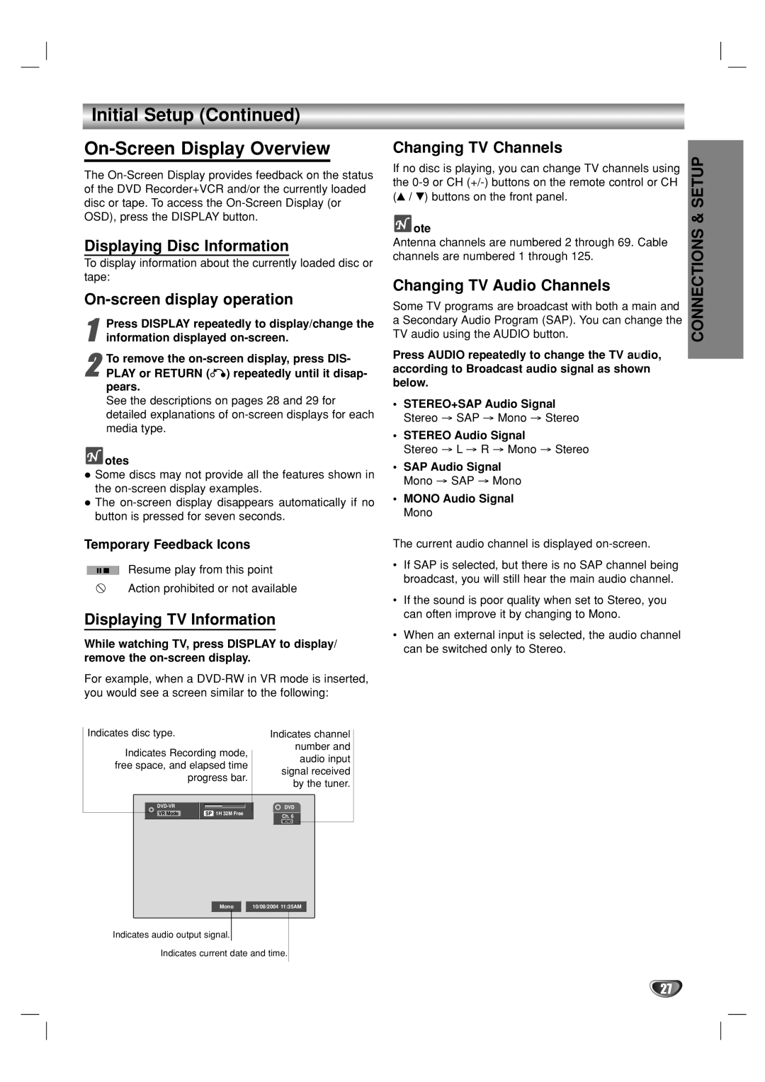 GoVideo VR5940 manual Initial Setup On-Screen Display Overview 