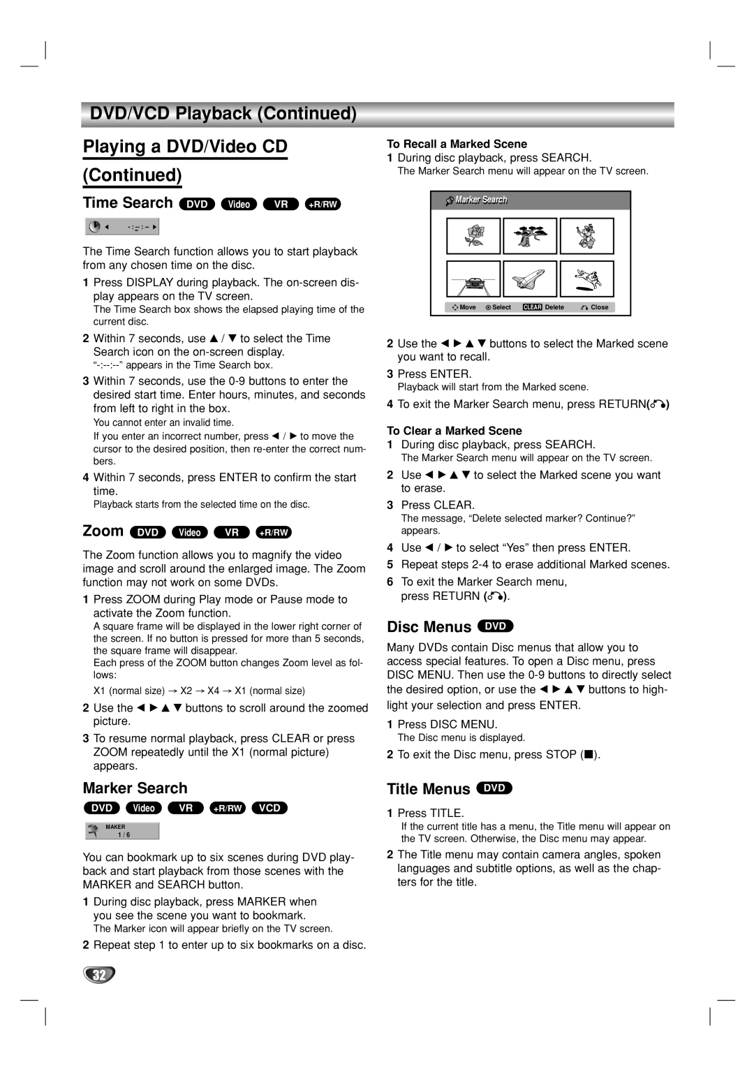 GoVideo VR5940 manual Marker Search, Disc Menus DVD, Title Menus DVD, To Recall a Marked Scene, To Clear a Marked Scene 