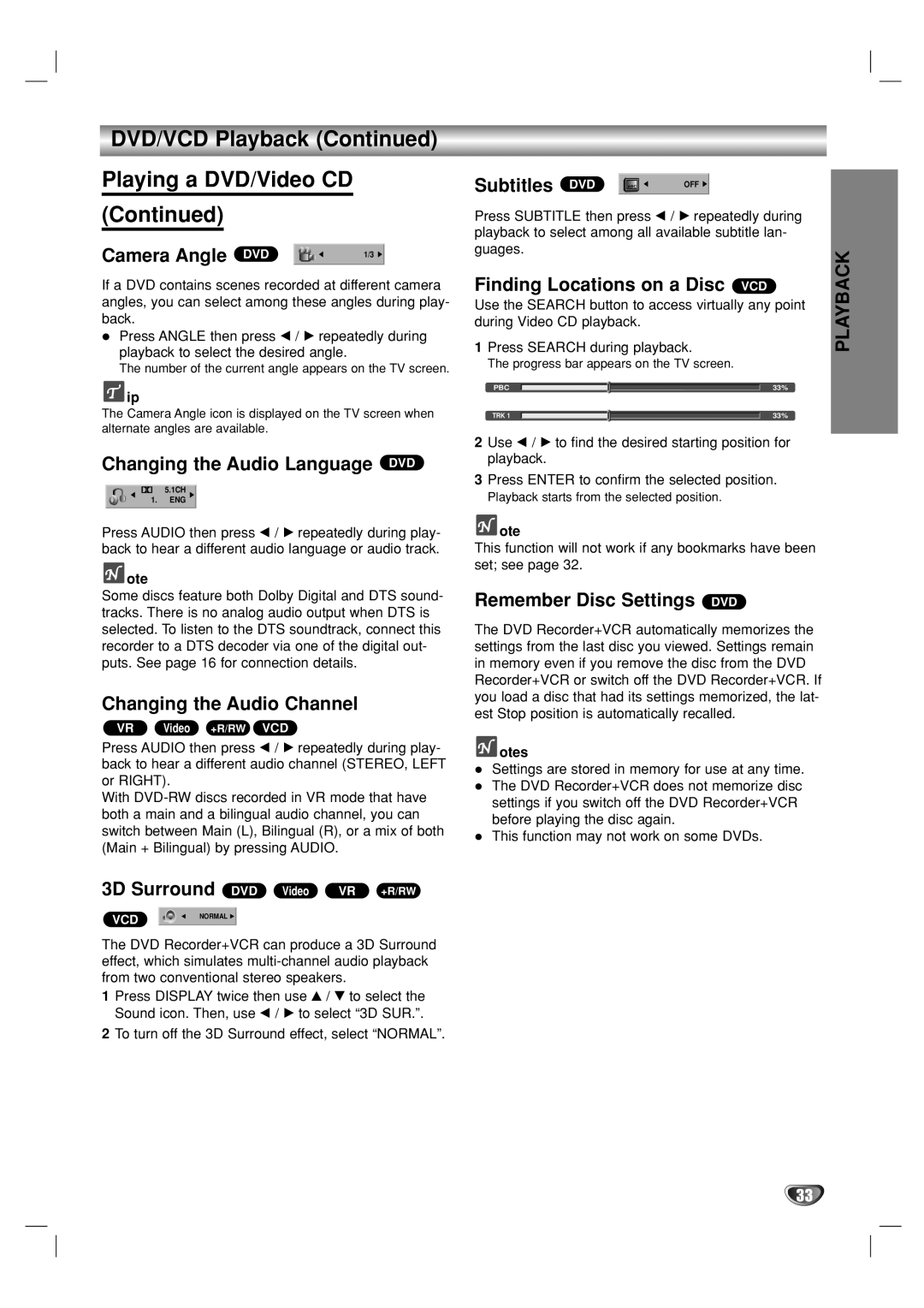 GoVideo VR5940 manual Camera Angle, Changing the Audio Language DVD, Changing the Audio Channel, Subtitles 