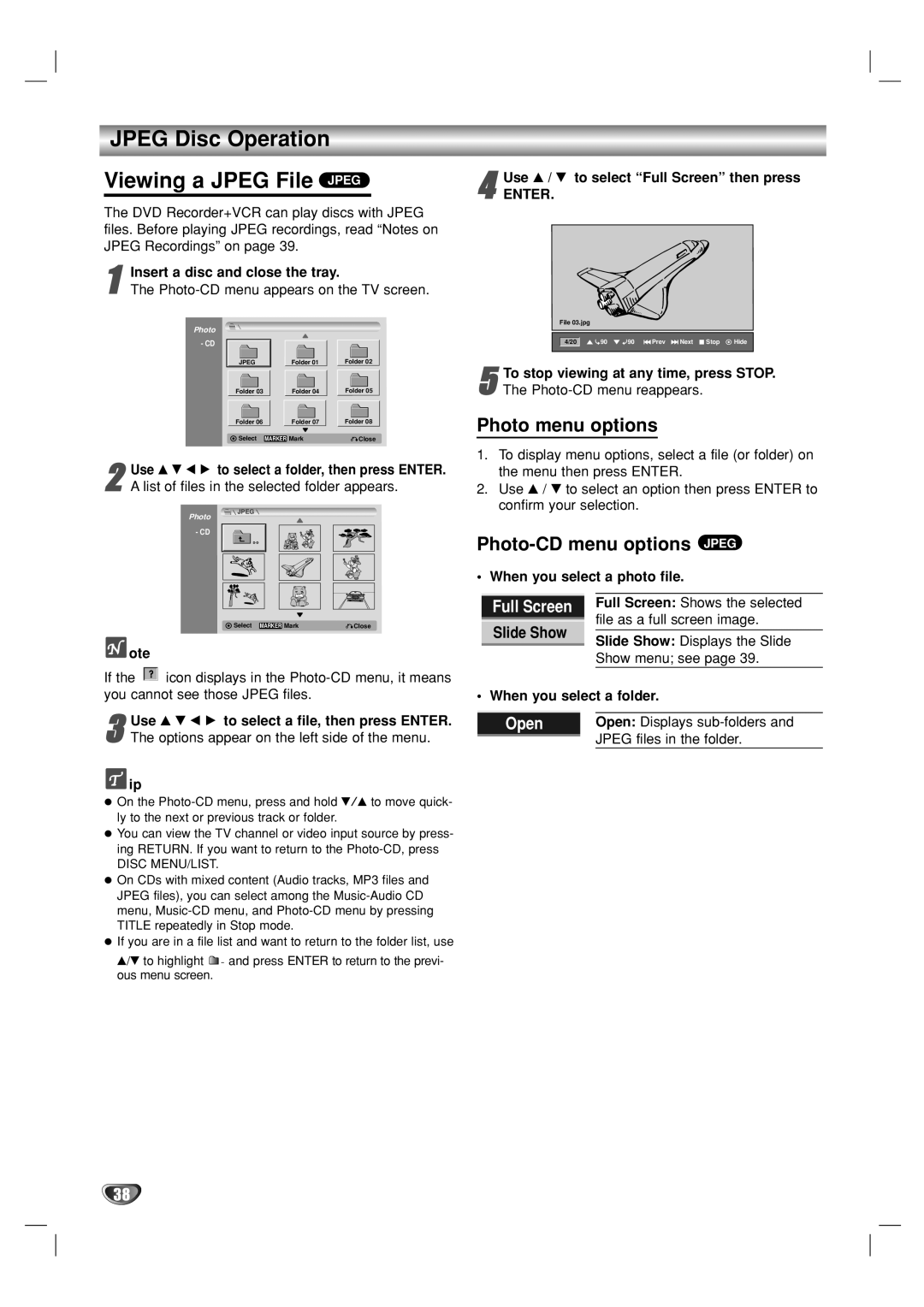 GoVideo VR5940 Jpeg Disc Operation Viewing a Jpeg File Jpeg, Photo menu options, Photo-CD menu options Jpeg, Slide Show 