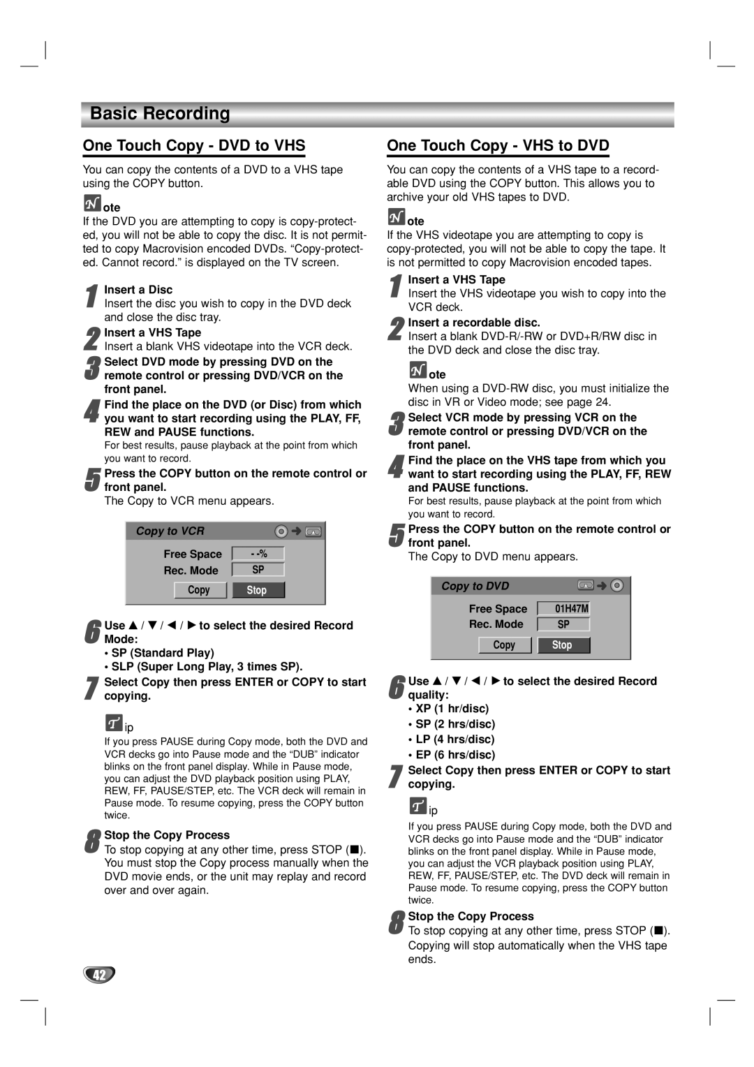 GoVideo VR5940 manual Basic Recording, One Touch Copy DVD to VHS, One Touch Copy VHS to DVD 