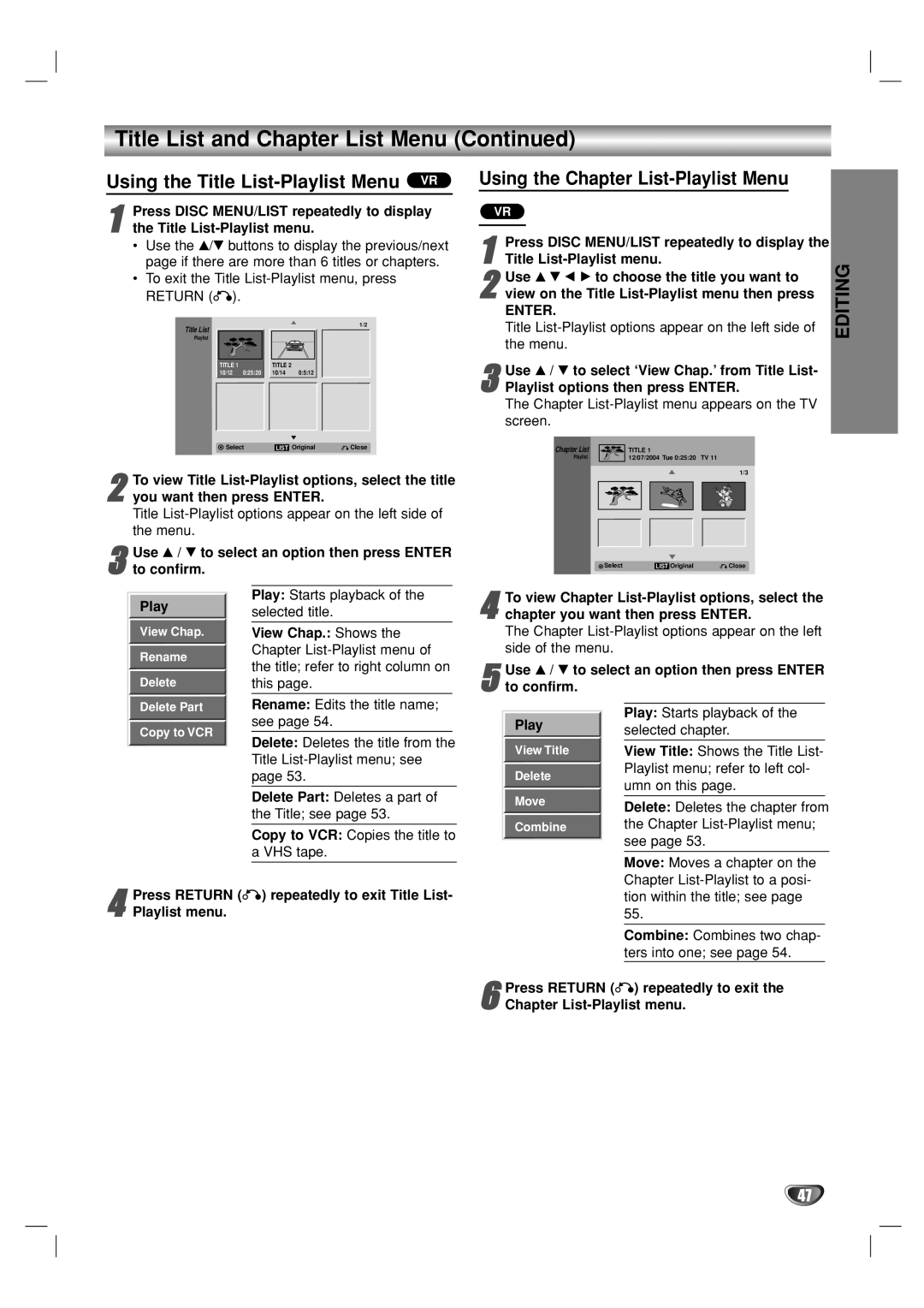 GoVideo VR5940 manual Using the Title List-Playlist Menu VR, Using the Chapter List-Playlist Menu 