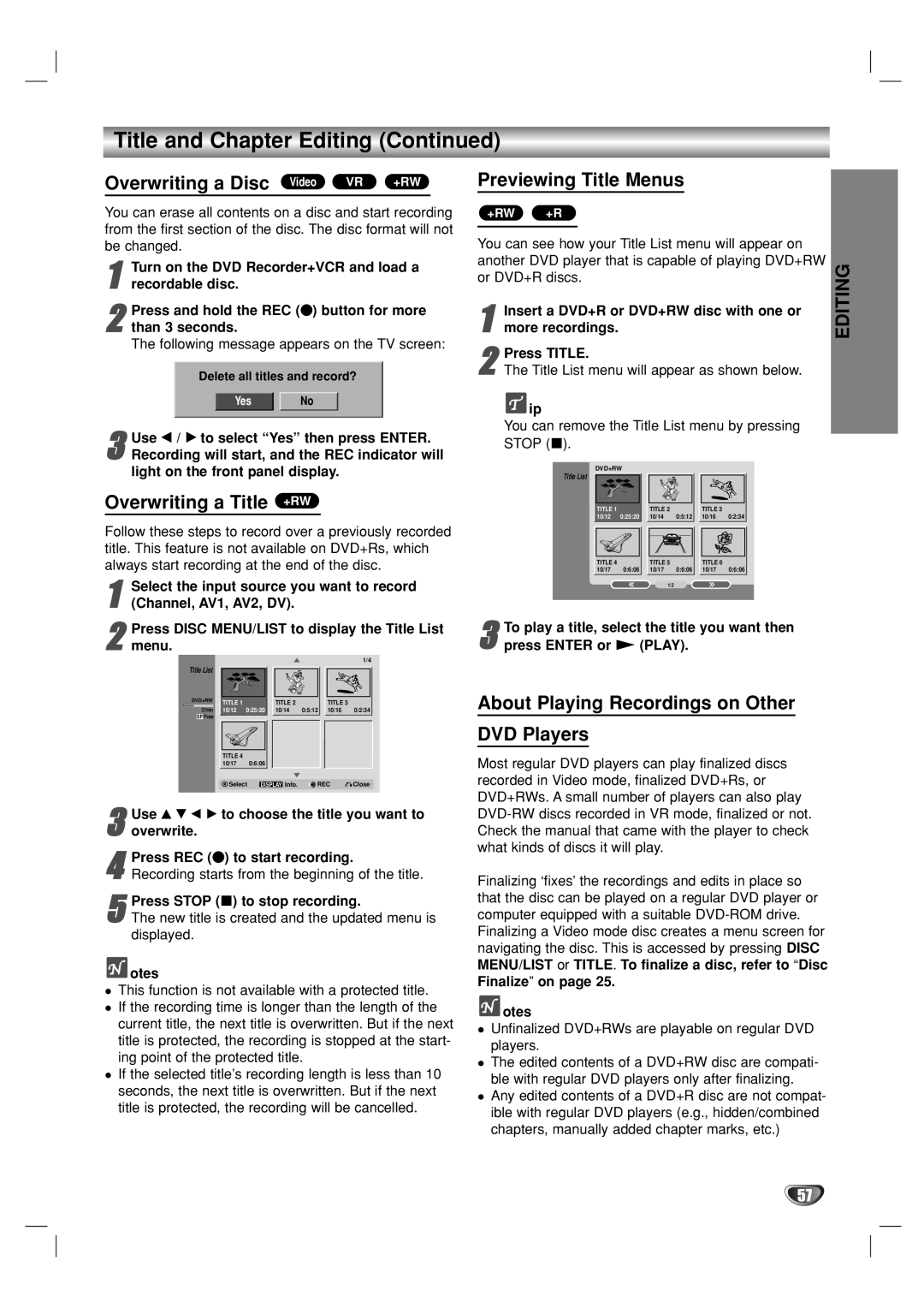 GoVideo VR5940 manual Overwriting a Title +RW, Previewing Title Menus, About Playing Recordings on Other DVD Players 