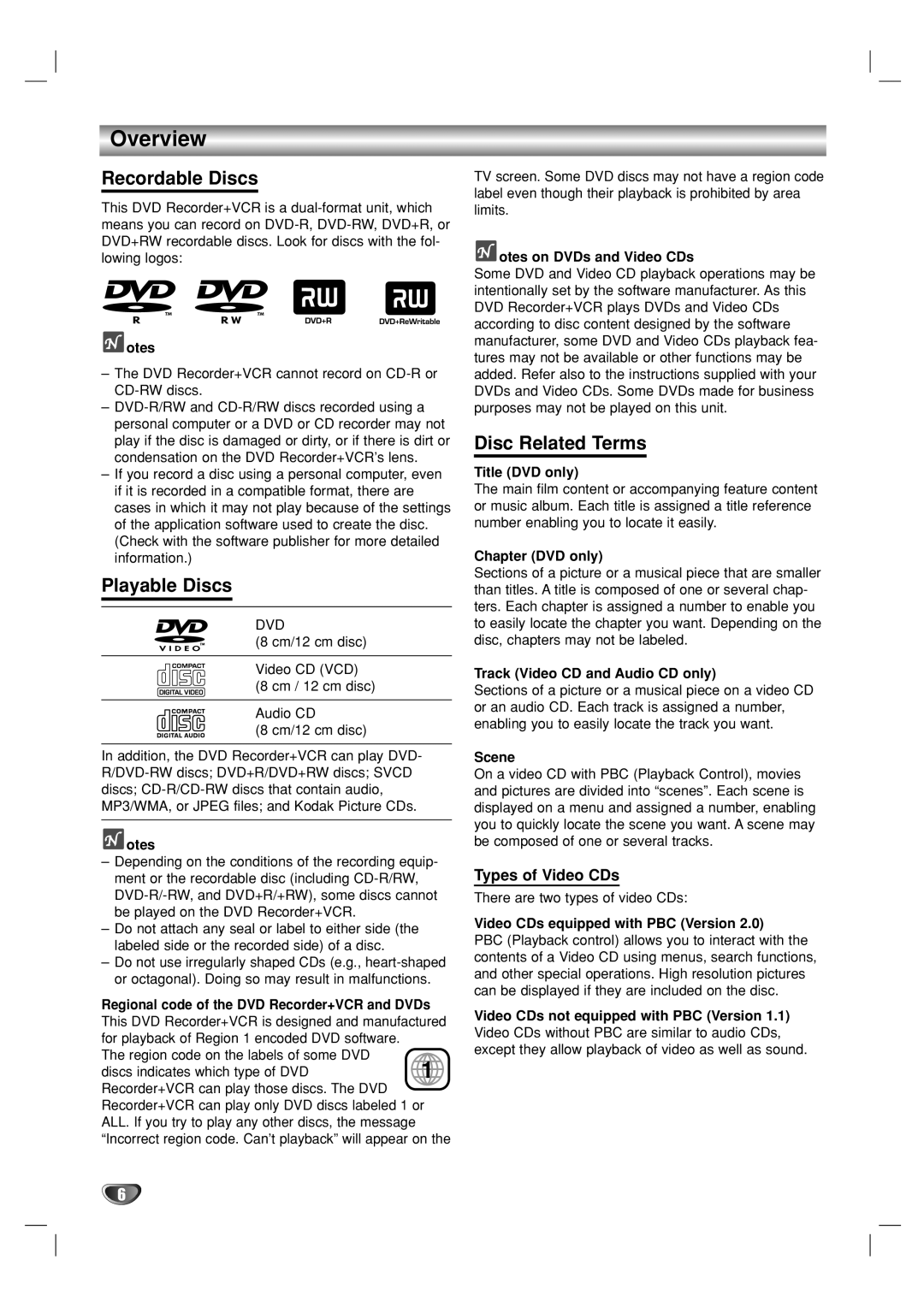 GoVideo VR5940 manual Overview, Recordable Discs, Playable Discs, Disc Related Terms, Types of Video CDs 