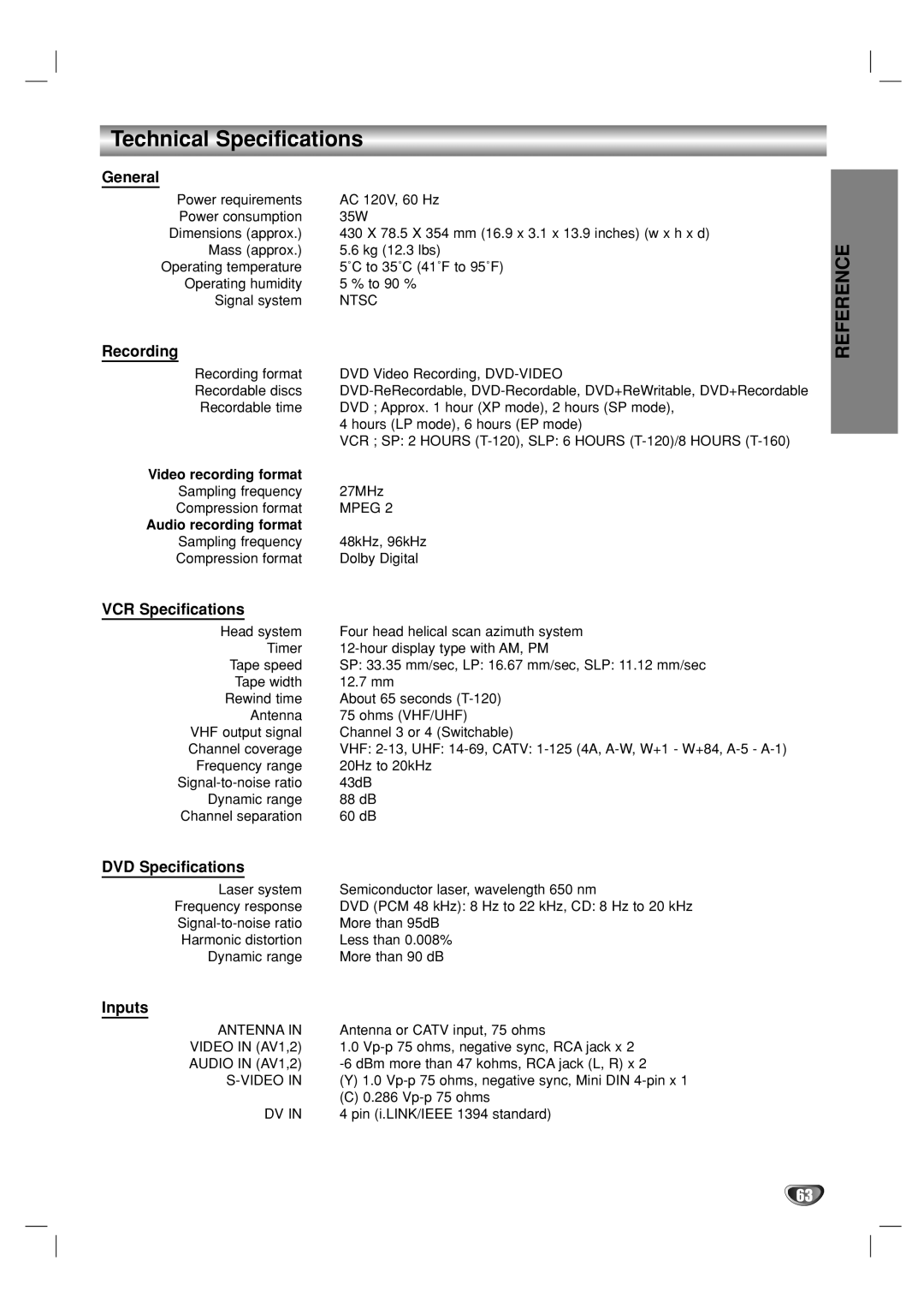 GoVideo VR5940 manual Technical Specifications 