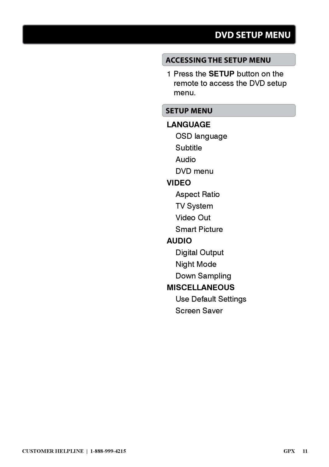 GPX D200B, 1311-0721-10 manual DVD Setup Menu 