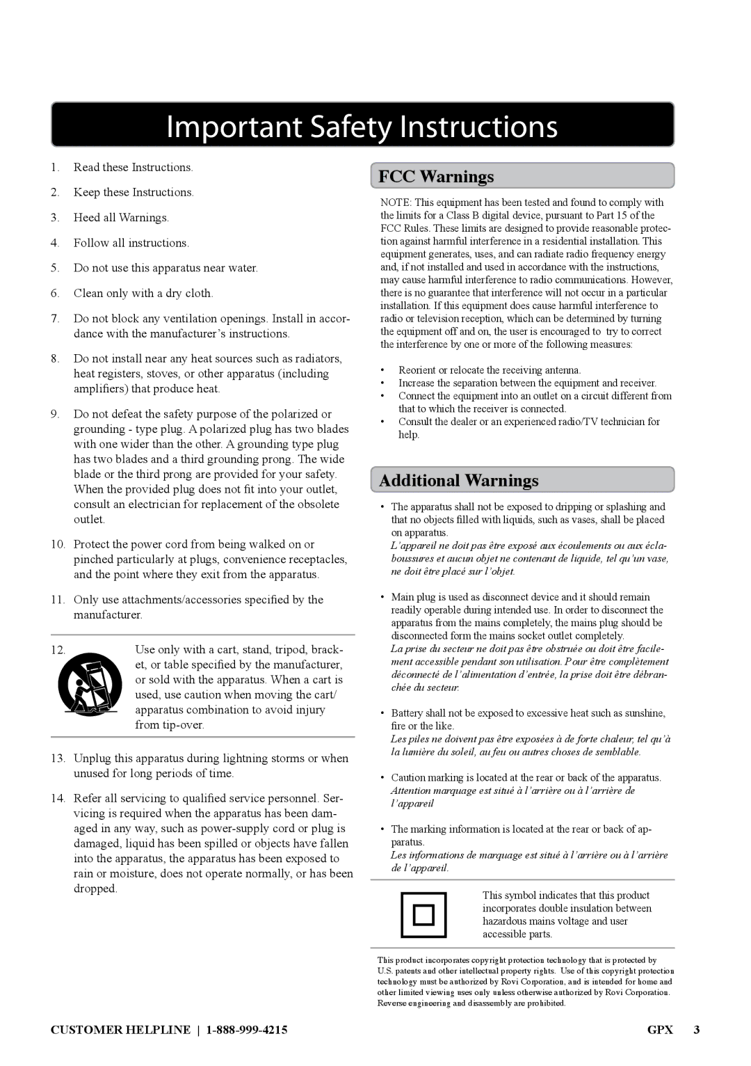 GPX D200B, 1311-0721-10 manual Important Safety Instructions 