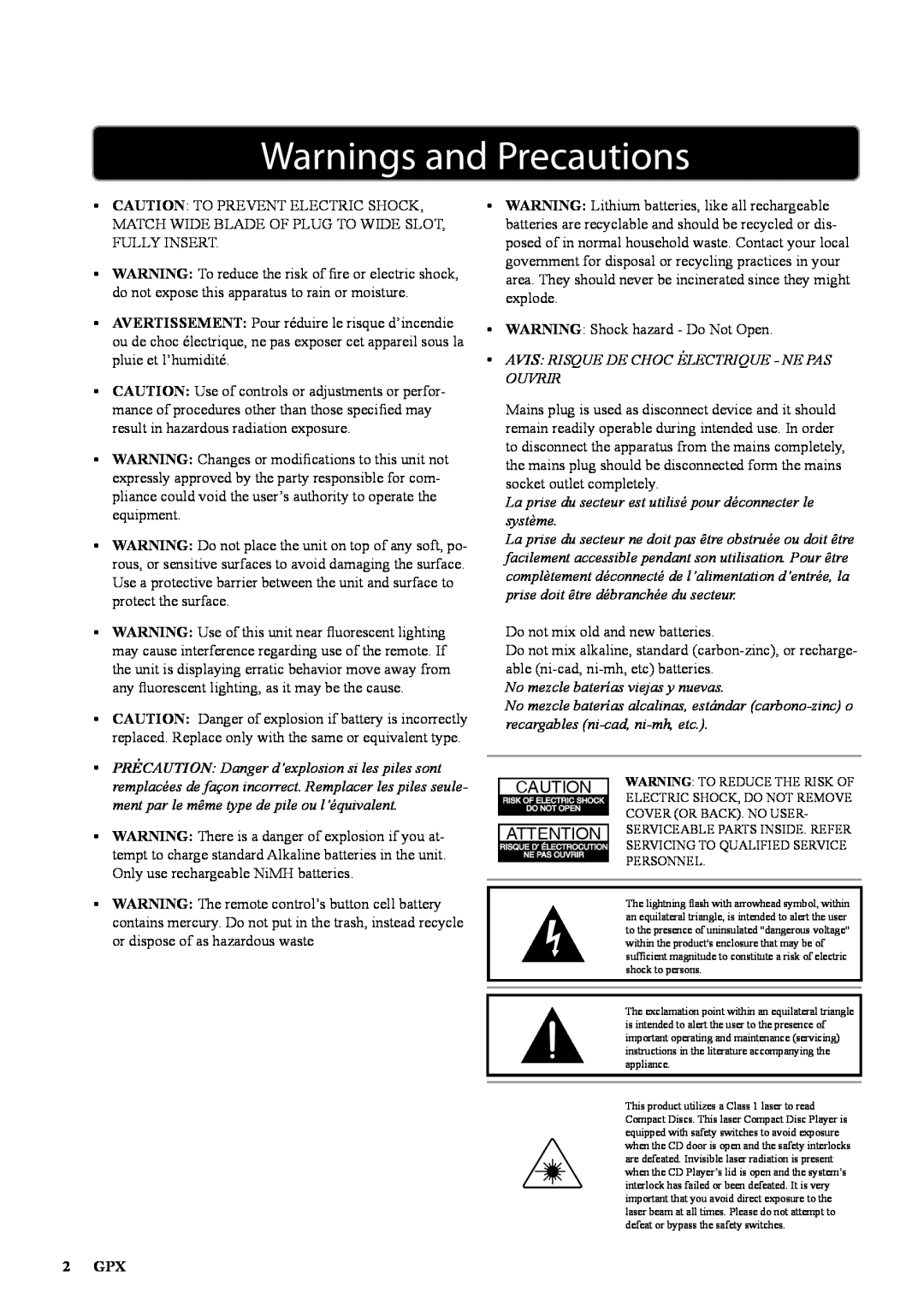 GPX 1311-0721-10, D200B manual Warnings and Precautions, Avis Risque De Choc Électrique - Ne Pas Ouvrir, 2 GPX 