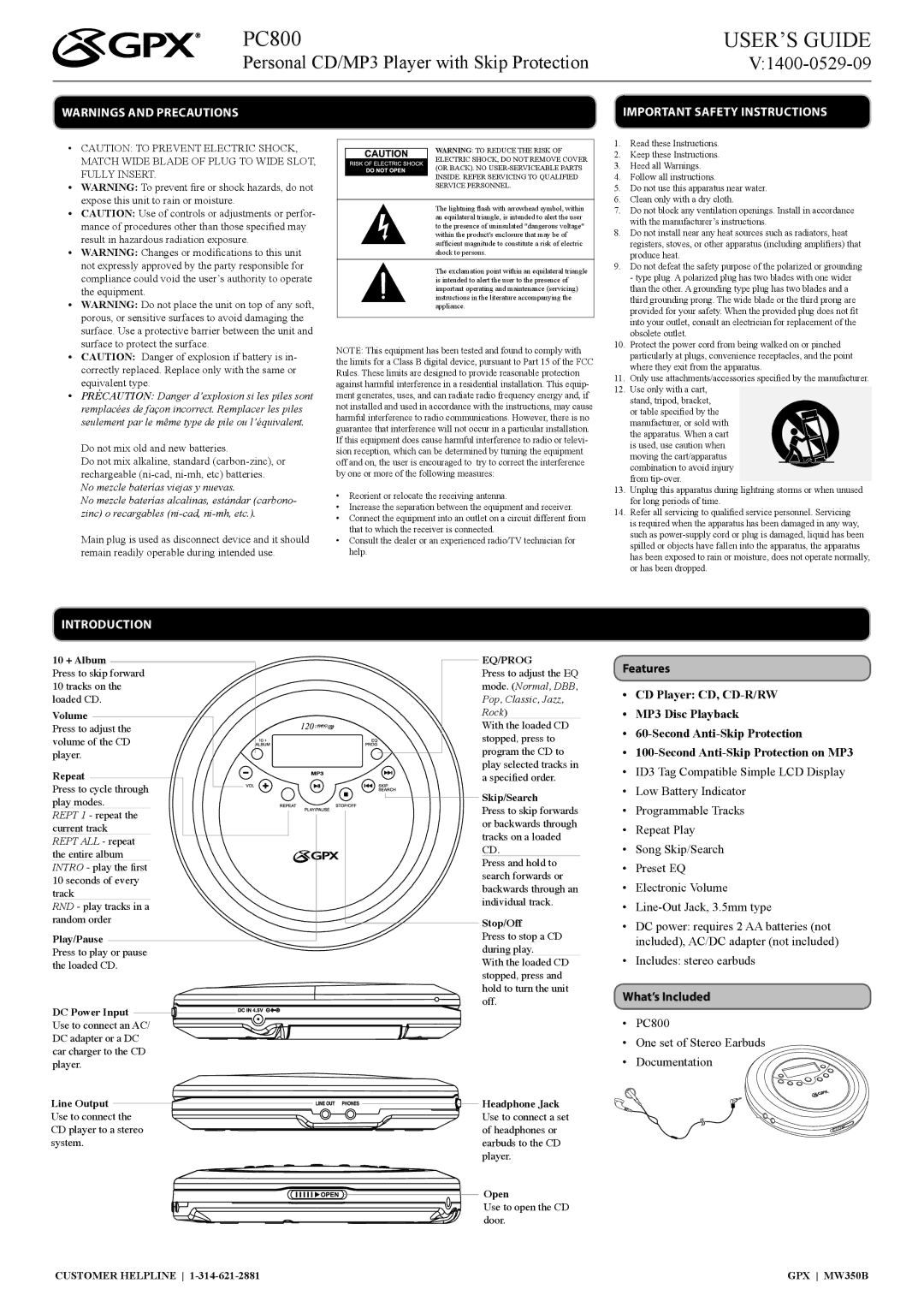 GPX PC800, 1400-0529-09 important safety instructions Introduction, Features, What’s Included 