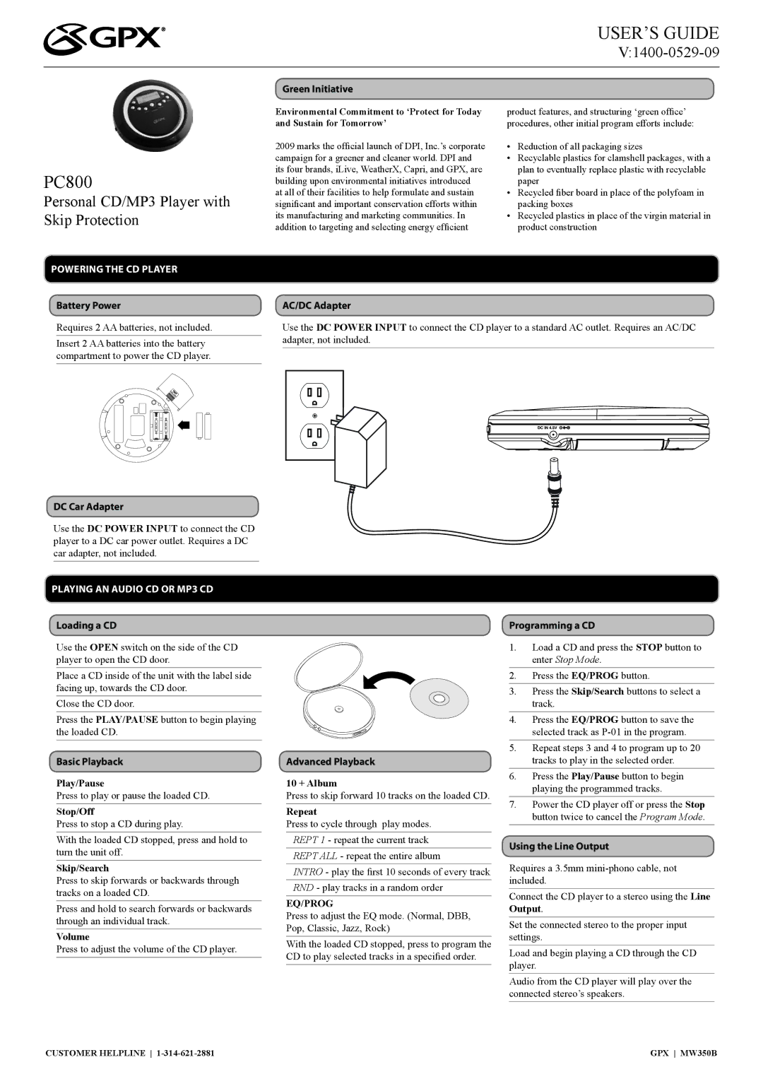 GPX 1400-0529-09, PC800 important safety instructions Powering the CD Player, Playing AN Audio CD or MP3 CD 