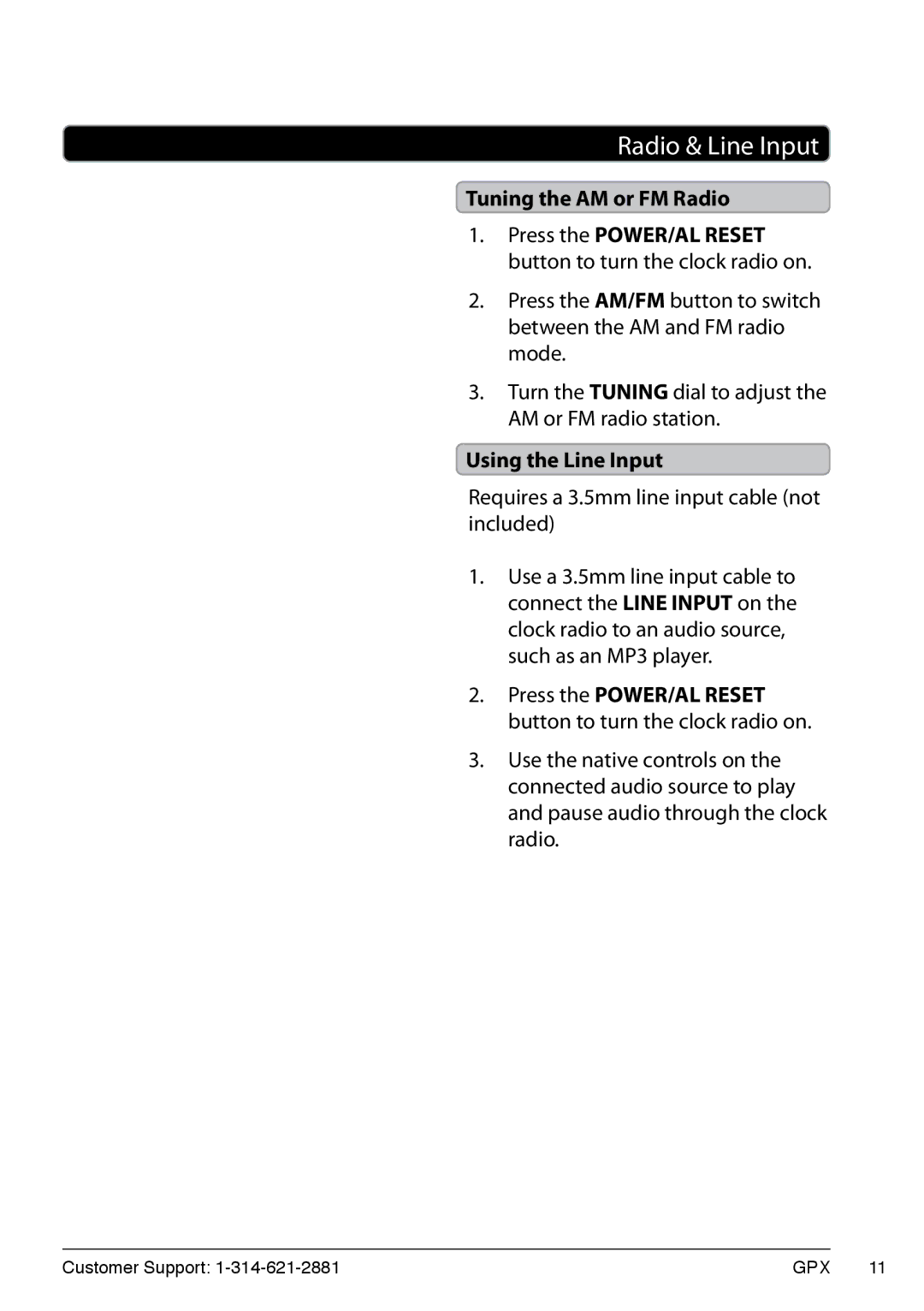 GPX C280, 1514-0322-10 manual Radio & Line Input, Requires a 3.5mm line input cable not included 