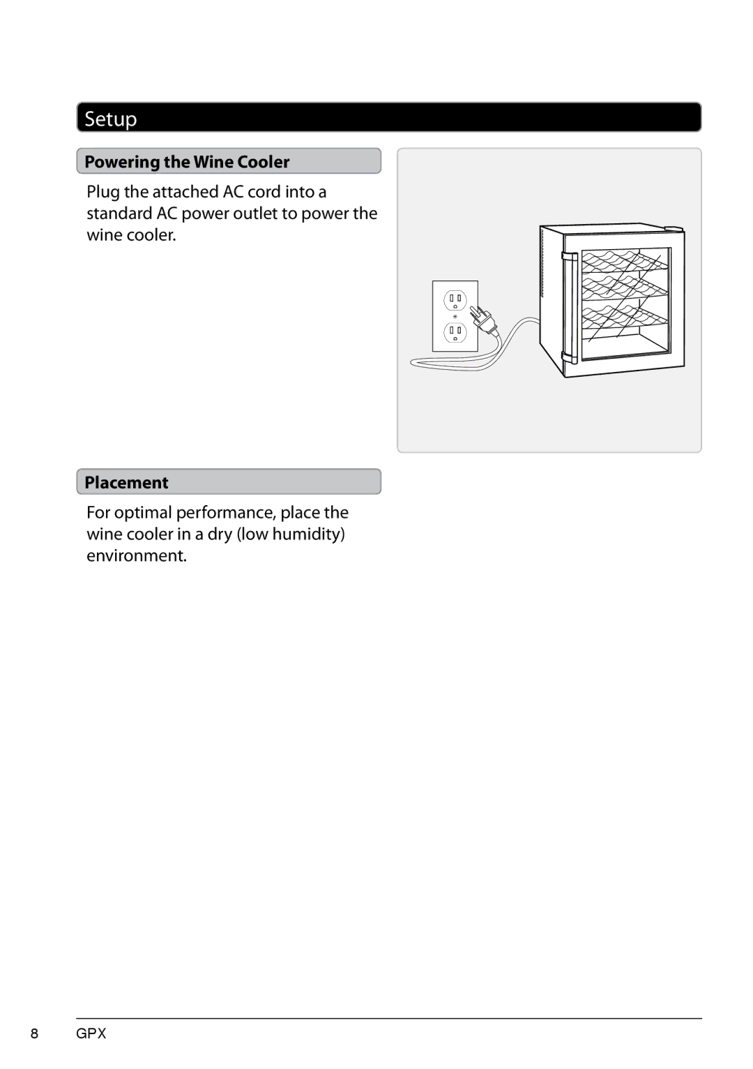 GPX AW160S, 1536-0810-10 manual Setup, Powering the Wine Cooler 