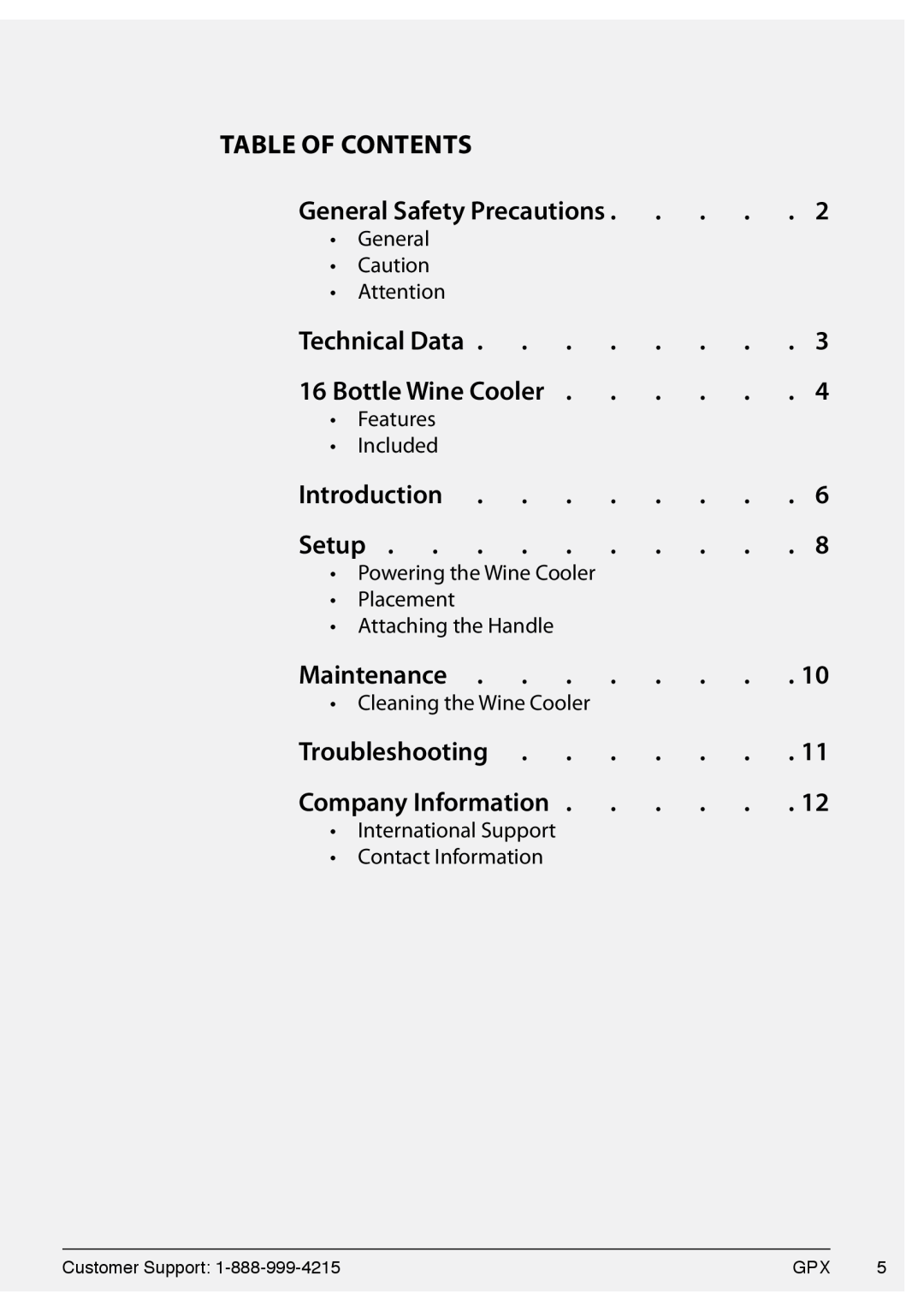GPX 1536-0810-10, AW160S manual Table of Contents 