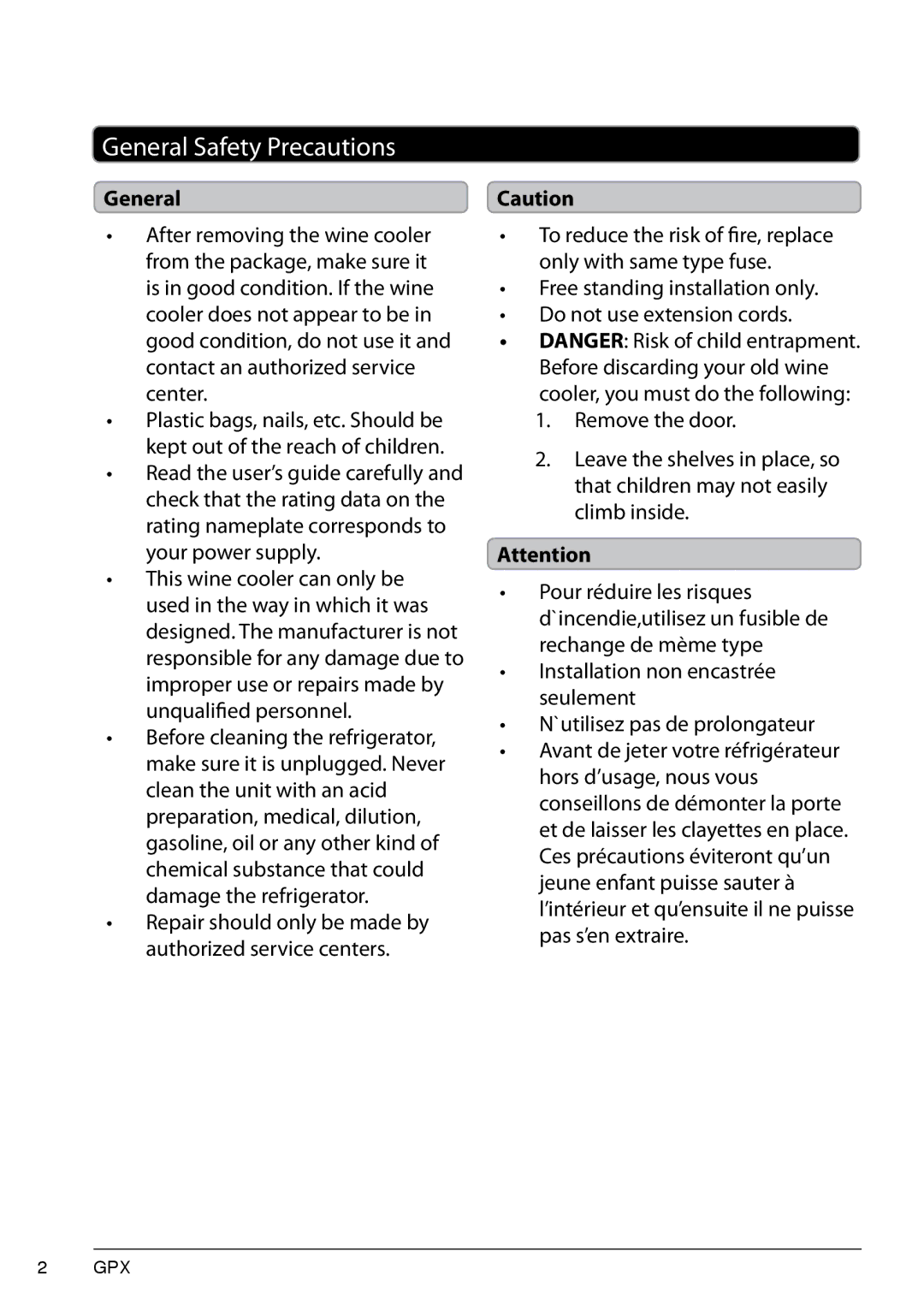 GPX AW80S, 0806-0719-10 manual General Safety Precautions 