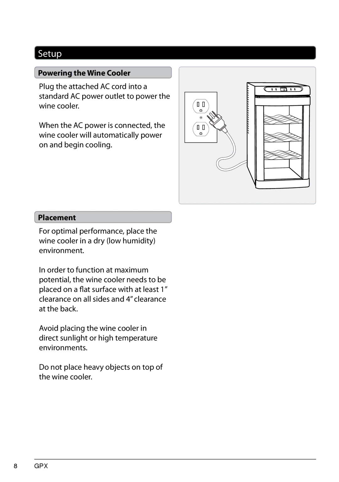 GPX AW80S, 0806-0719-10 manual Setup, Powering the Wine Cooler 