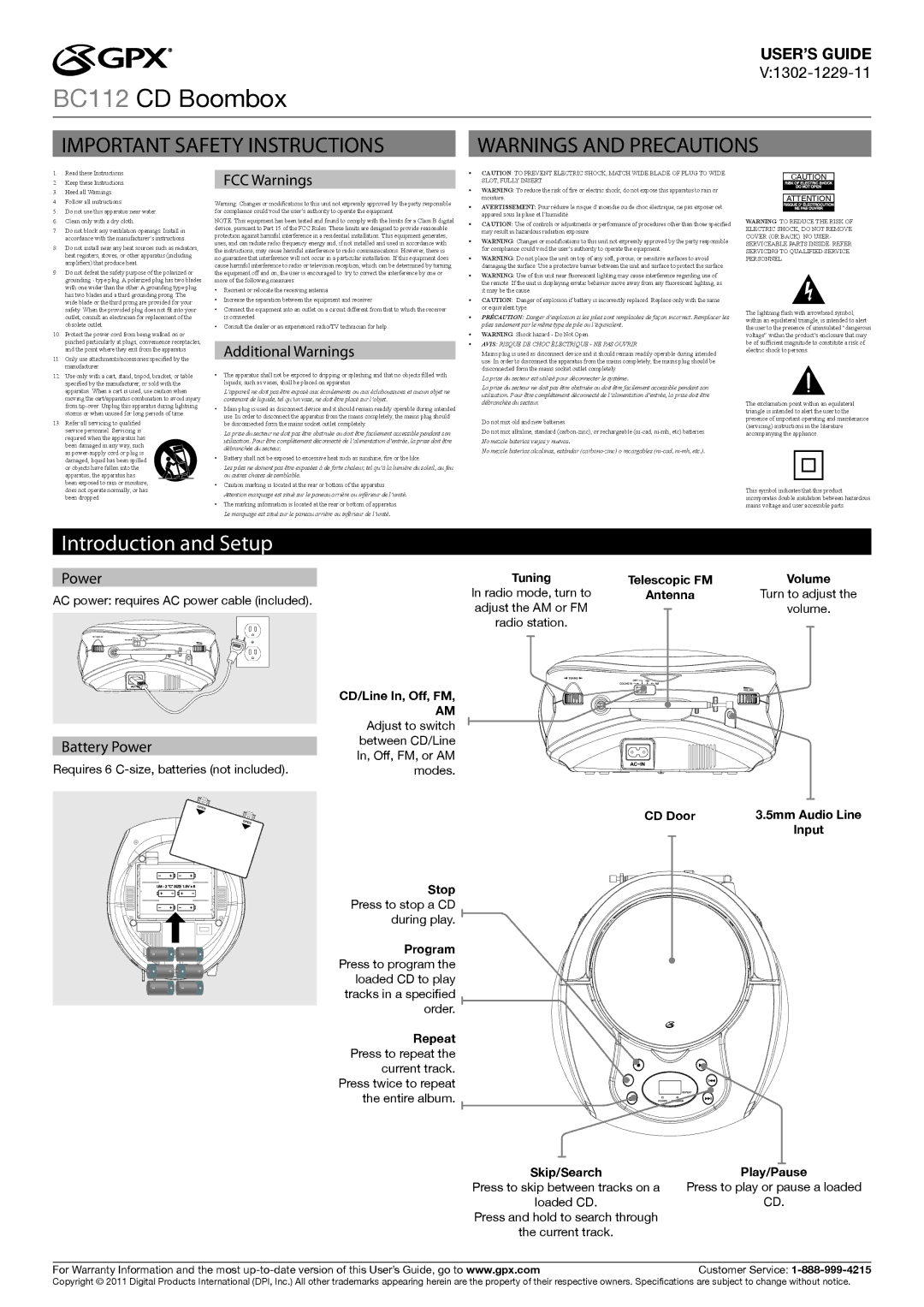 GPX BC112B important safety instructions Introduction and Setup 