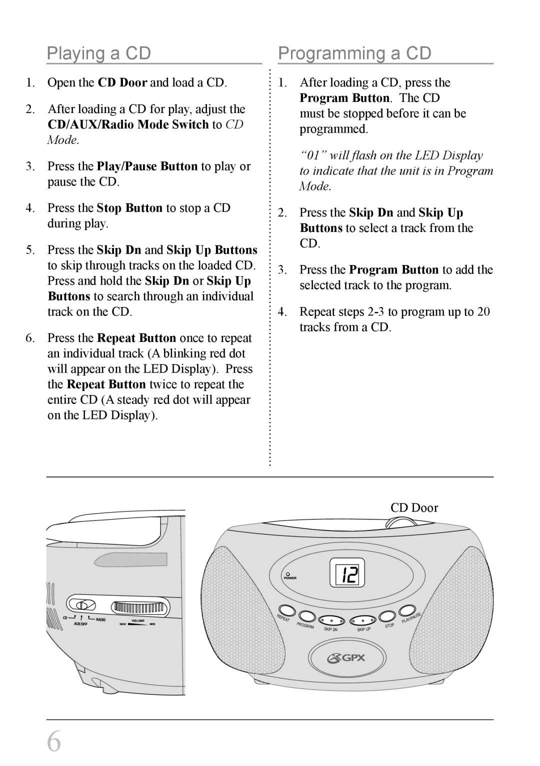 GPX BC118W, BC118B important safety instructions Playing a CD, Programming a CD 