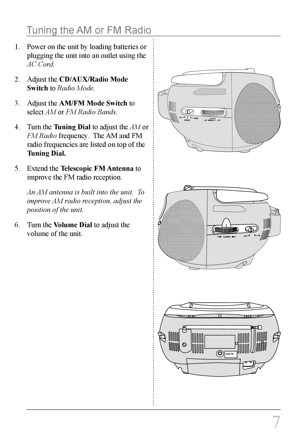 GPX BC118B, BC118W important safety instructions Tuning the AM or FM Radio 