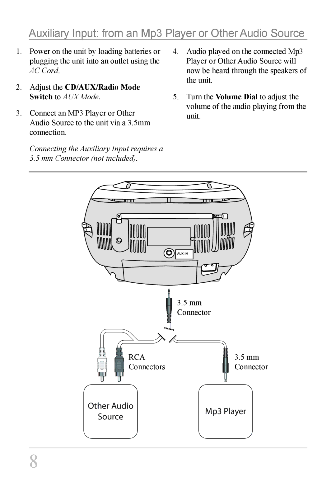 GPX BC118W Auxiliary Input from an Mp3 Player or Other Audio Source, Adjust the CD/AUX/Radio Mode Switch to AUX Mode 