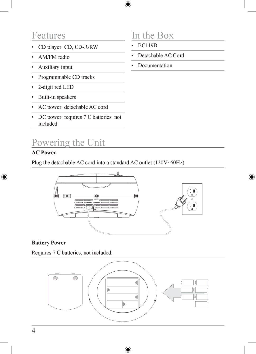 GPX BC119B important safety instructions Features, Box, Powering the Unit, AC Power, Battery Power 