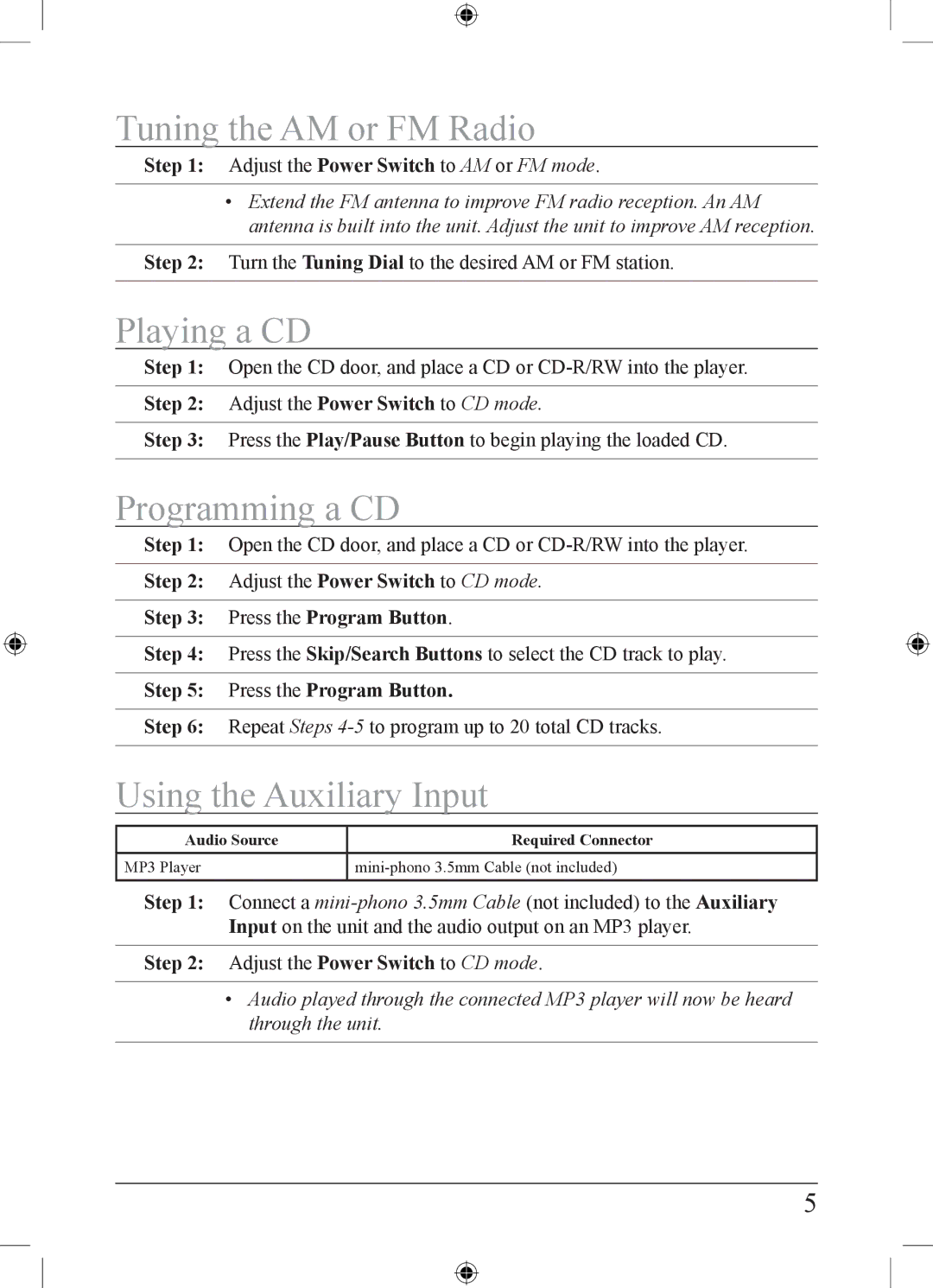 GPX BC119B Tuning the AM or FM Radio, Playing a CD, Programming a CD, Using the Auxiliary Input 