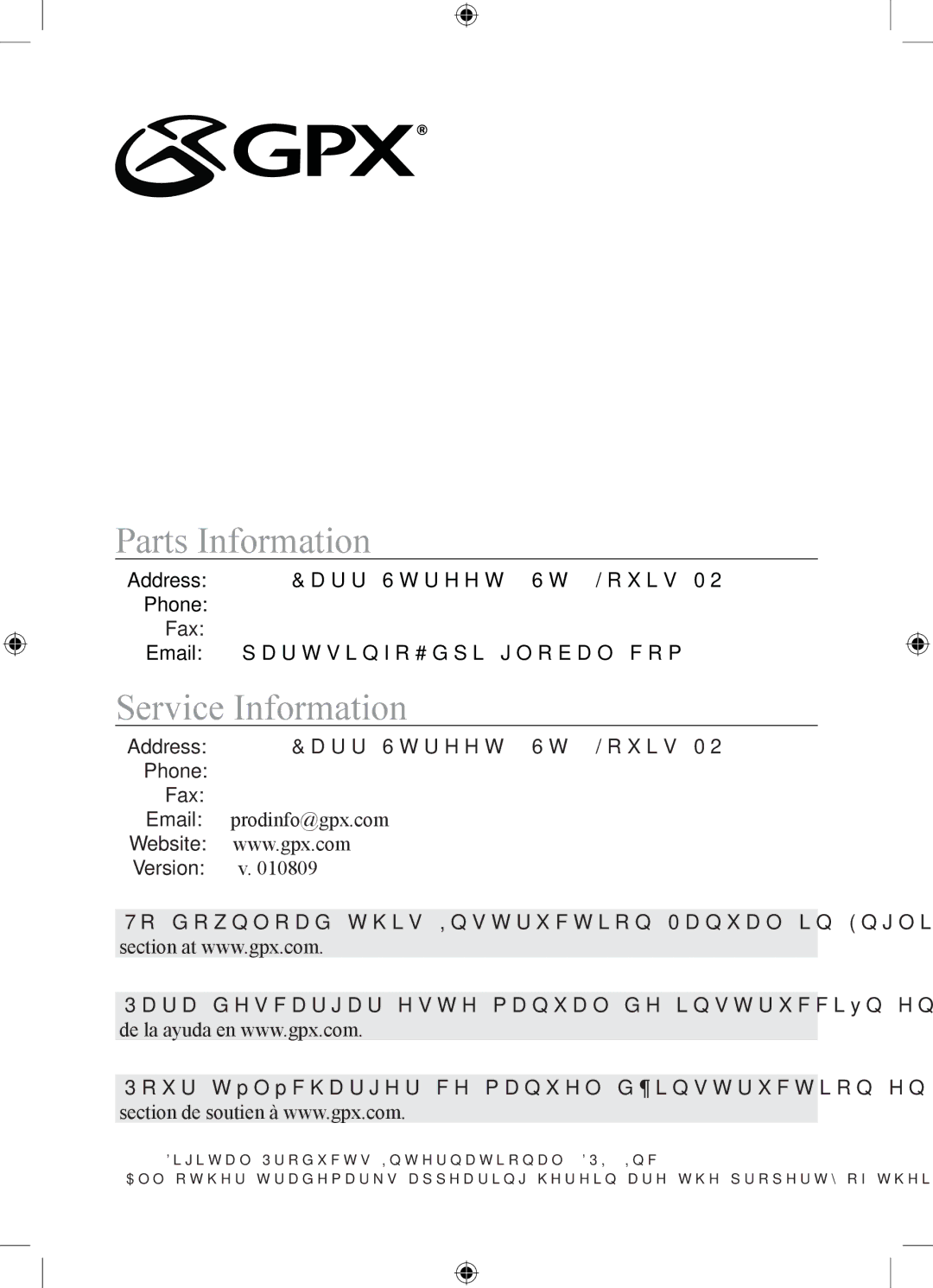 GPX BC119B important safety instructions Parts Information, Service Information, Version v 